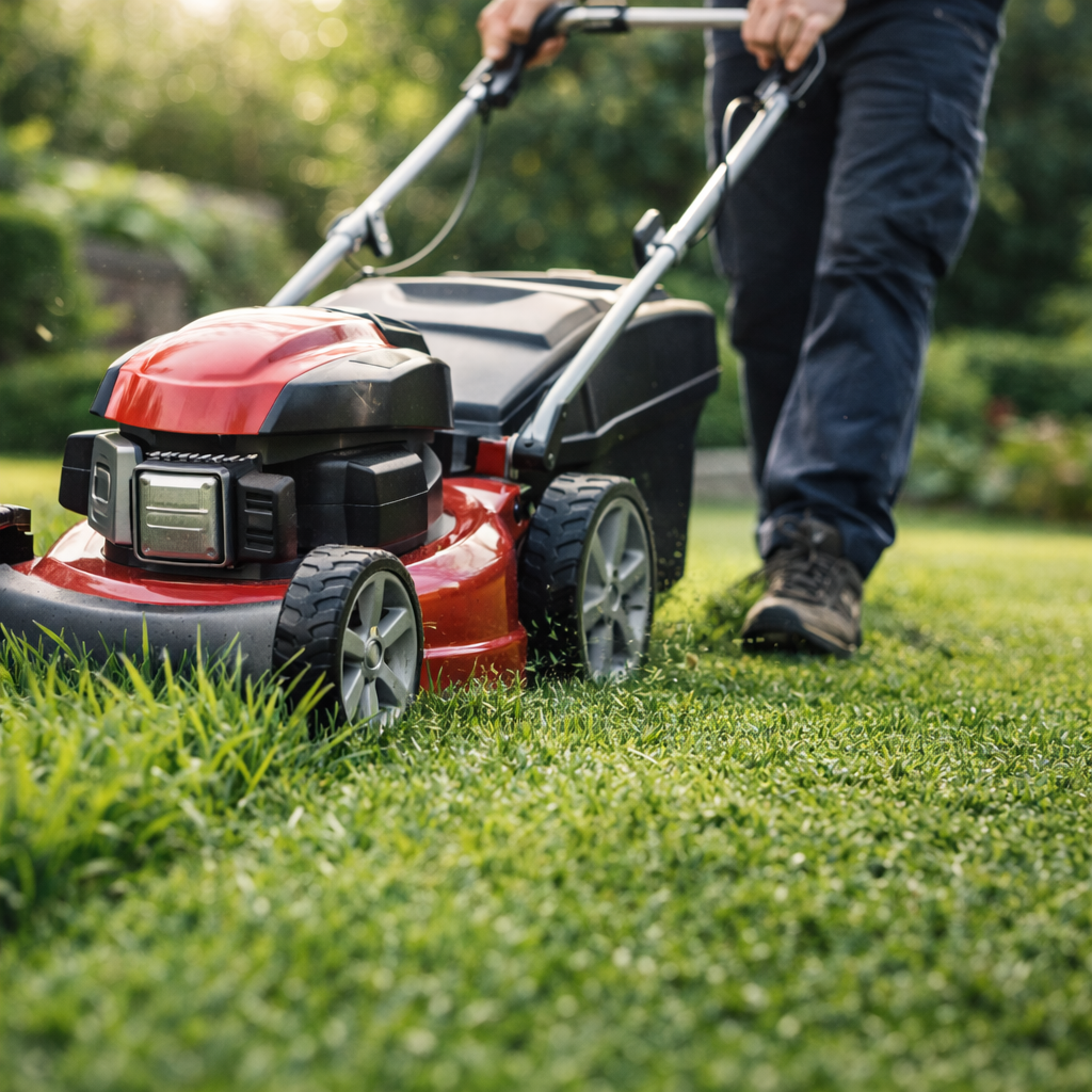 Personne utilisant une tondeuse à gazon sur une pelouse verte dans un jardin.