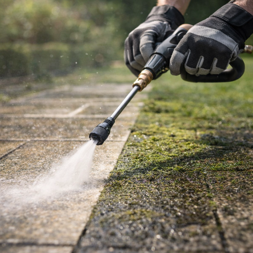 Une personne laissant un jet d'eau nettoyer une surface pavée recouverte de mousse et de saleté.