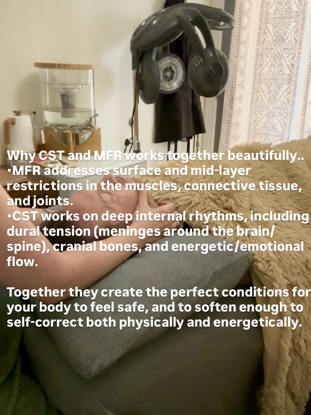 During this Craniosacral session at Thousand Petals Holistic Beauty, Kristianna gently works on the jaw to release tension from the temporomandibular joint (TMJ). This focused touch supports emotional release, relieves clenching and grinding, and hel