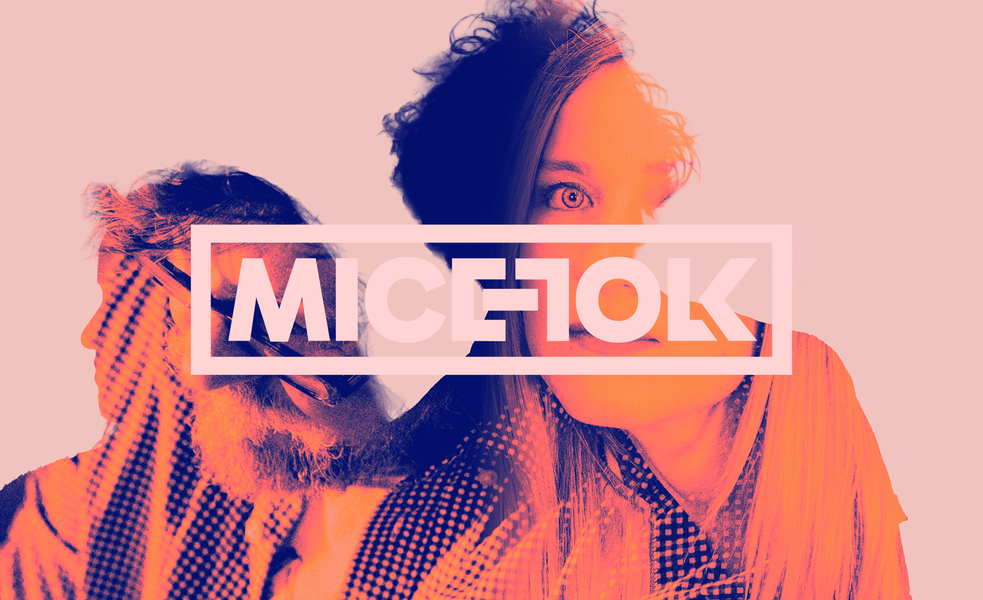 Colorized photo of a woman and a man, one with braided hair and glasses, the other with curly hair, with the text 'MICEFOLK' overlayed.