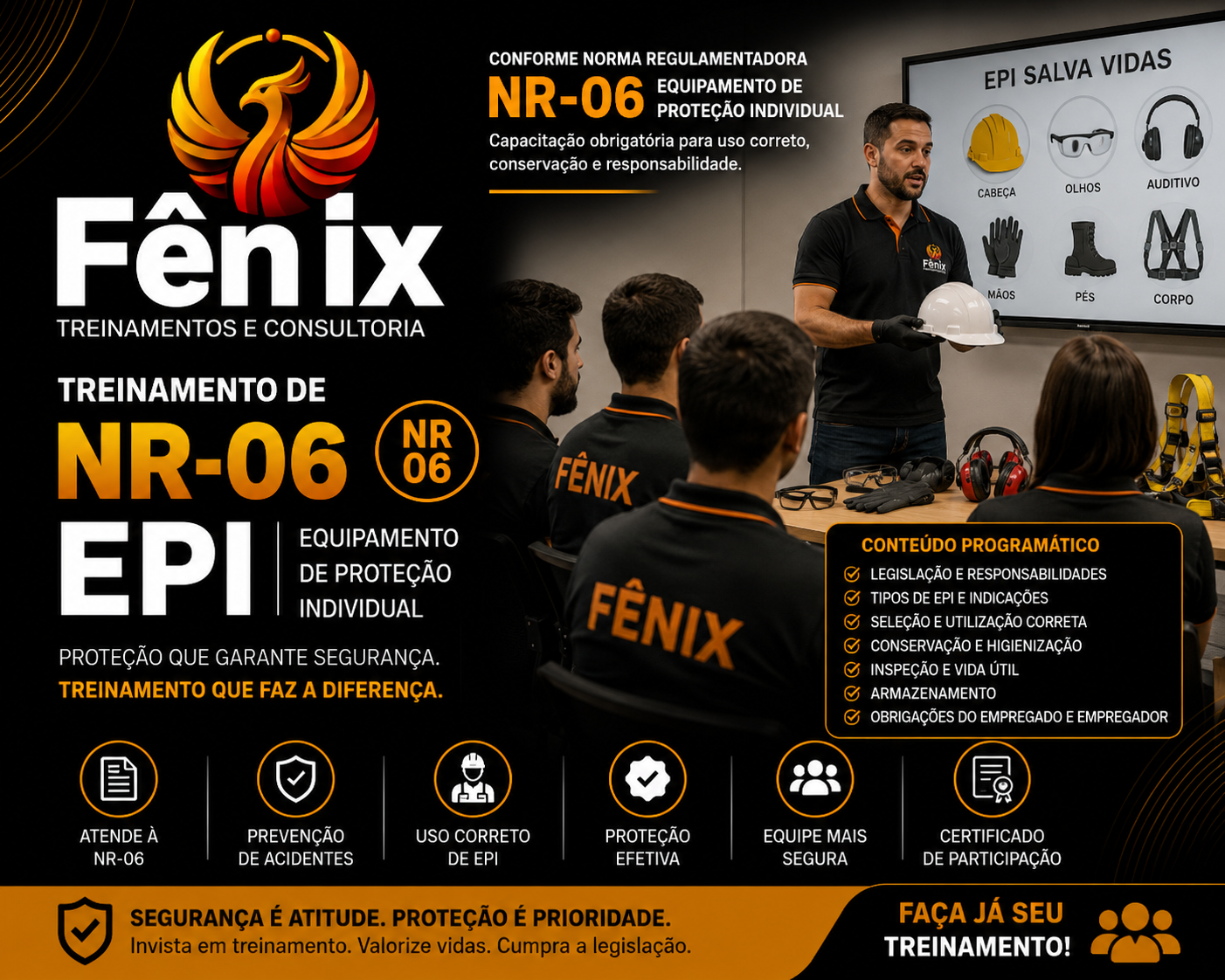 Cartaz de treinamento para uso de equipamento de proteção individual NR-06, com instrução de um instrutor apresentando o equipamento e uma turma de alunos com uniformes pretos, alguns usando óculos e fones de proteção, na sala de aula com tela digital mostrando diferentes tipos de EPC. O cartaz destaca a importância da formação e dos temas do curso, como legislação, responsabilidades, escolha e uso correto, conservação, inspeção, armazenamento e obrigações dos trabalhadores.