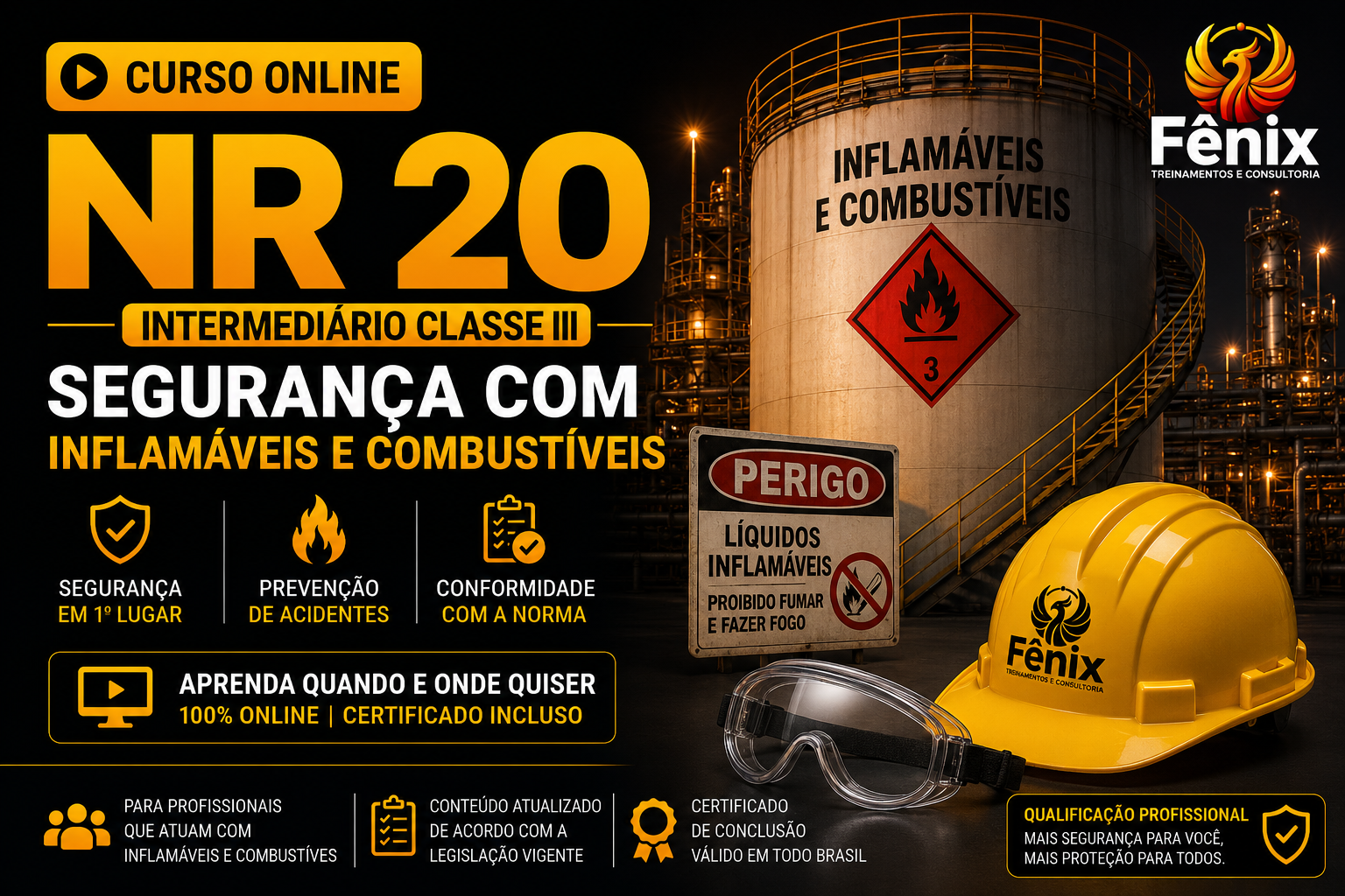 Imagem de divulgação de curso online sobre NR 20, segurança com inflamáveis e combustíveis, com imagens de insumos de segurança, como capacete amarelo e óculos de proteção, em uma refinaria ou instalação industrial, com destaque para sinalização de perigo e informações do curso.