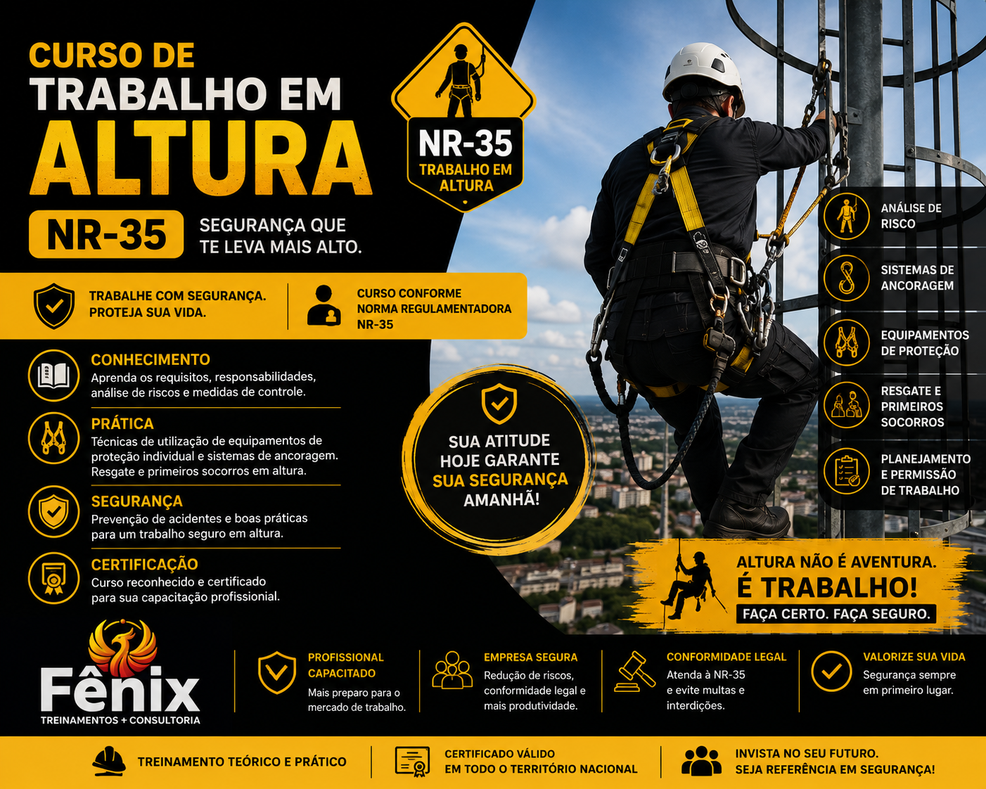 Anúncio de curso de trabalho em altura NR-35, com imagem de um técnico usando equipamento de segurança em torre, textos destacando importância da segurança, conhecimento, prática, certificação, atitude, e benefícios do curso, fundo azul e amarelo.
