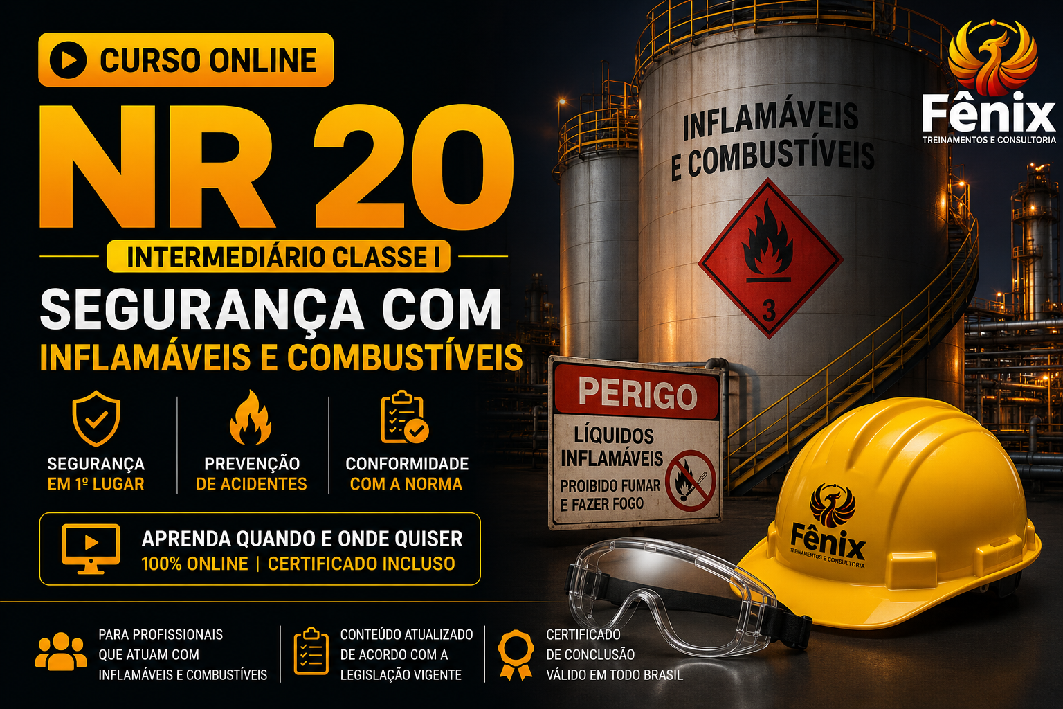 Imagem de uma propaganda de curso online de segurança com enfoque em inflamáveis e combustíveis, incluindo elementos como capacete de segurança, óculos de proteção, tanque com símbolo de inflamável, sinal de perigo e texto informativo em destaque.