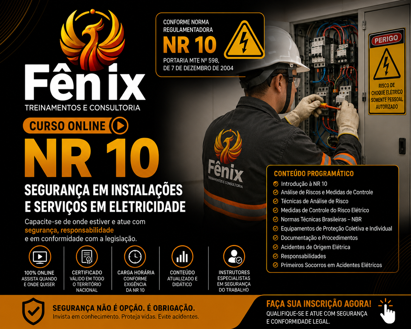 Imagem de uma página de publicidade de um curso online sobre NR 10, segurança em instalações elétricas, com informações sobre o conteúdo programático, certificações, e instruções para inscrição. Ao lado, há uma foto de um técnico em segurança elétrica usando capacete e uniforme, trabalhando em um painel de proteção elétrica.