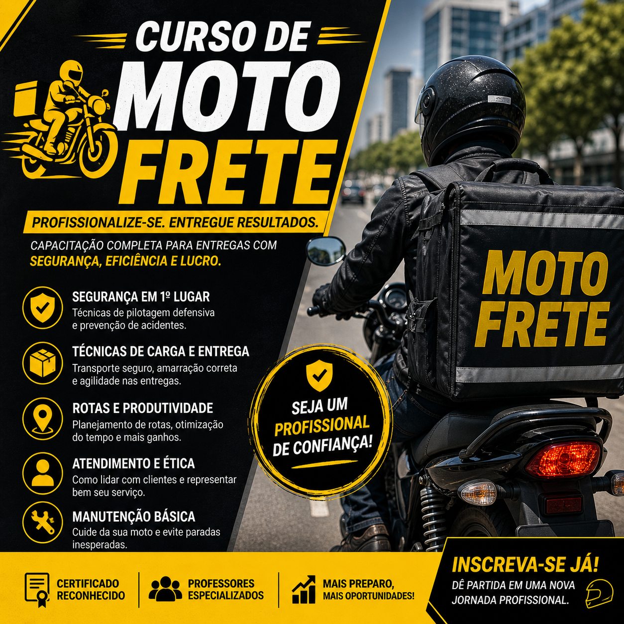 Banner de curso de moto frete com informações sobre treinamento, segurança, carga, rotas, atendimento, manutenção e inscrição.