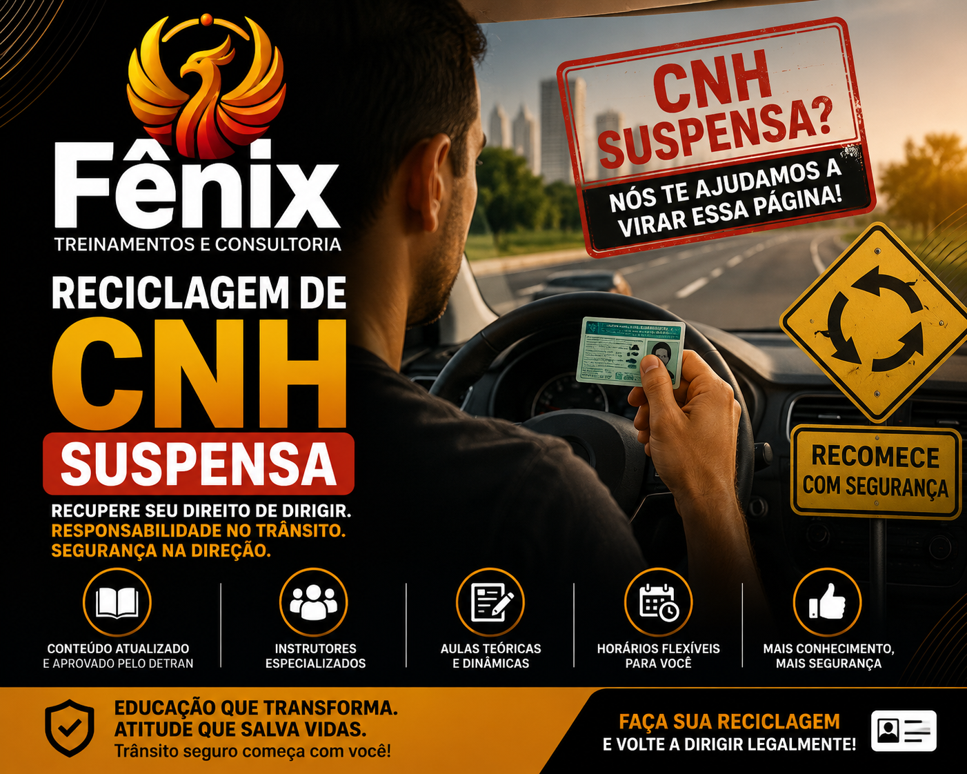 Imagem de um carro em uma estrada com um homem segurando a carteira de habilitação, e na lateral há sinais de reciclagem e aviso de reinício seguro, promovendo a reciclagem de CNH e a importância da direção segura.