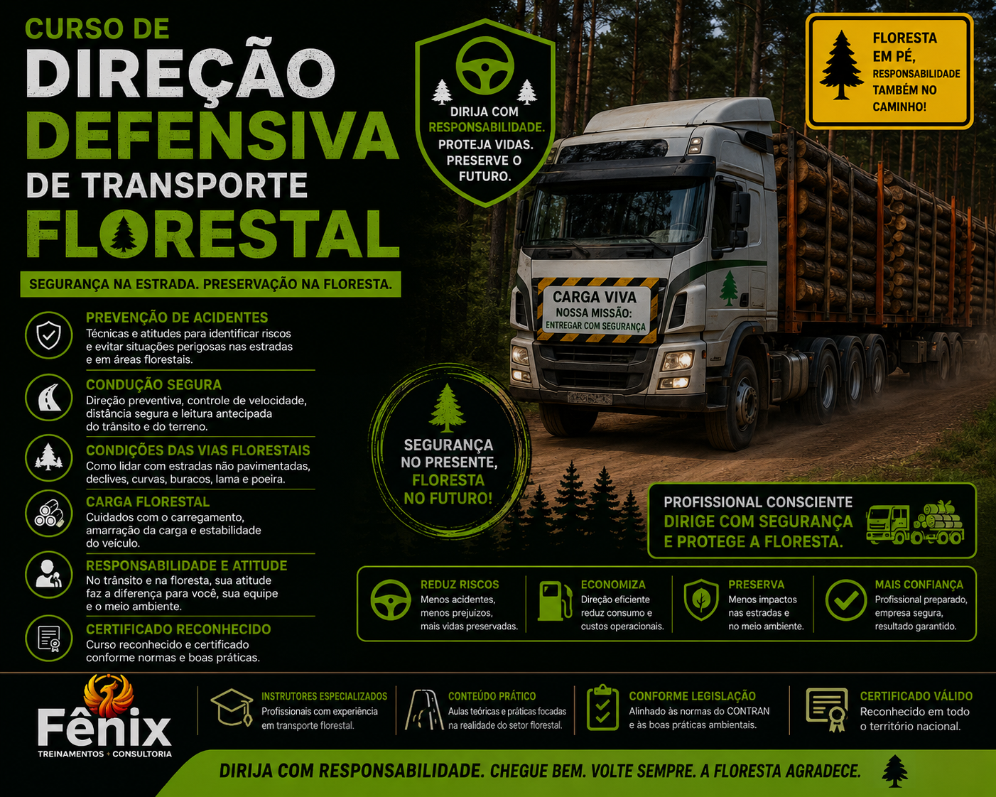 Cartaz sobre curso de direção defensiva de transporte florestal, com informações sobre segurança, responsabilidade, carga de trabalho, condições das vias e prevenção de acidentes, além de uma imagem de um caminhão transportando toras na floresta.