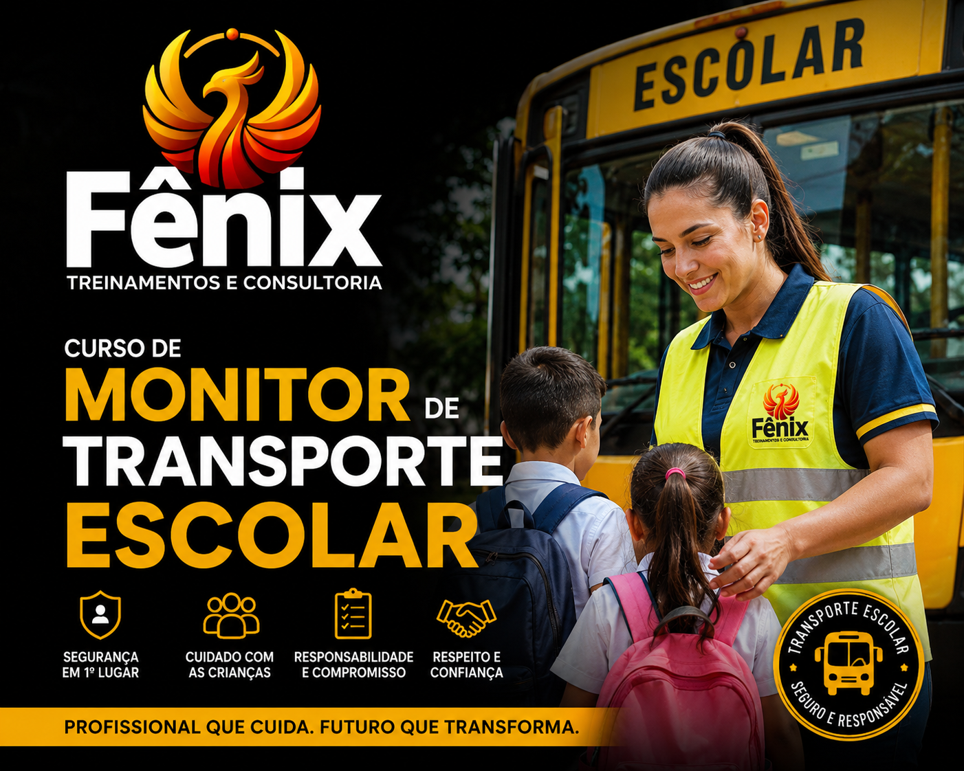 Imagem promocional de um curso de monitor de transporte escolar da Fênix, mostrando uma mulher vestida com colete de segurança escolar conversando com duas crianças em frente a um ônibus escolar amarelo.