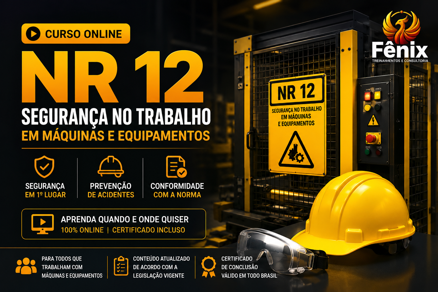 Anúncio de curso online sobre NR 12: segurança no trabalho em máquinas e equipamentos, com ícones de proteção, prevenção, conformidade e certificado, além de equipamentos de proteção individual como capacete e óculos de proteção, e uma máquina com sinalização de segurança.