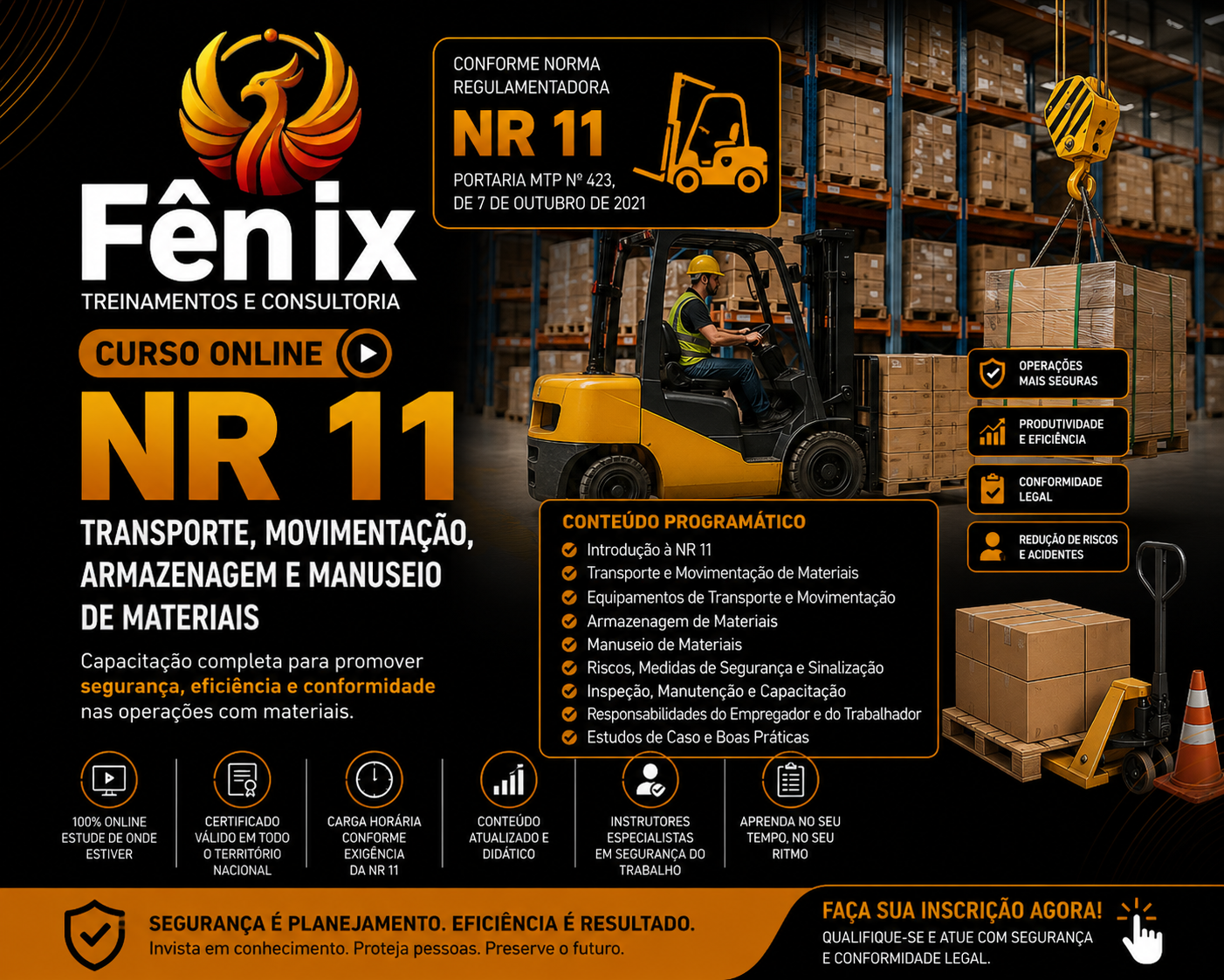 Infográfico sobre curso online de NR 11 para transporte, movimentação, armazenamento e manuseio de materiais, com informações sobre conteúdo programático, benefícios e requisitos.