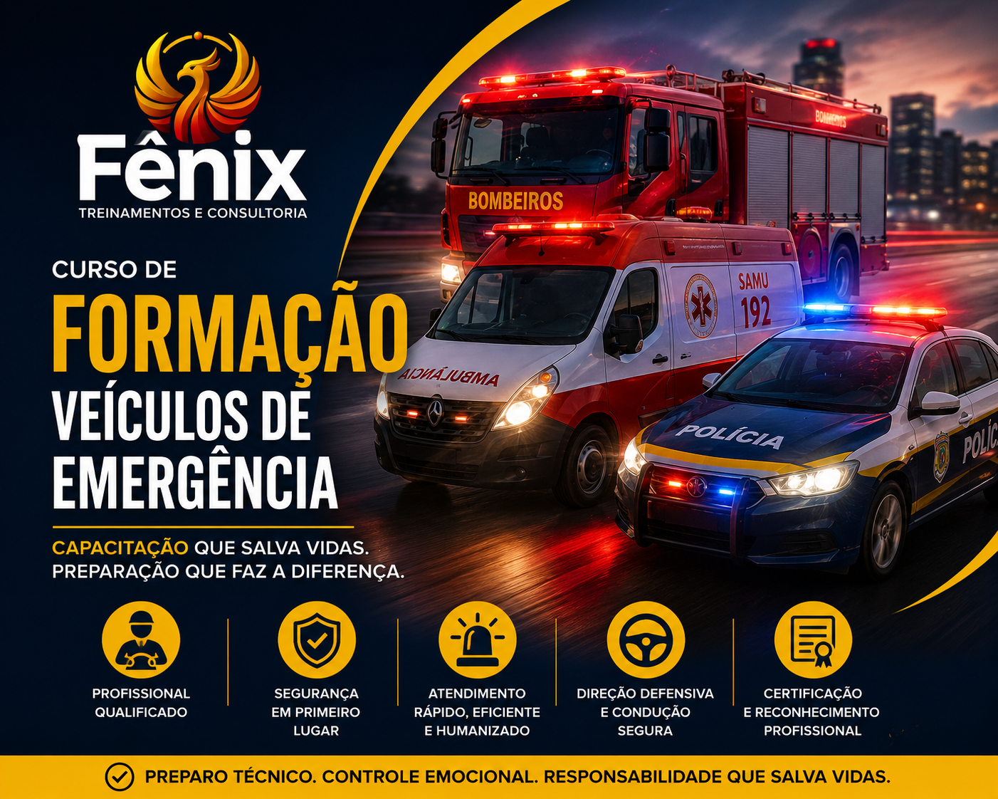 Imagem de um curso de formação de veículos de emergência, incluindo uma caminhonete de polícia, uma ambulância e um caminhão de bombeiros, com fundo de cidade ao entardecer.