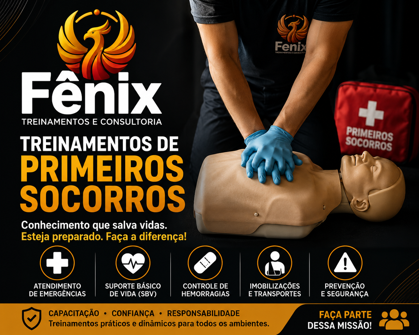 Imagem de um treinamento de primeiros socorros com manequim de prática, uma pessoa usando luvas azuis realizando compressões torácicas e uma maleta de primeiros socorros ao fundo.