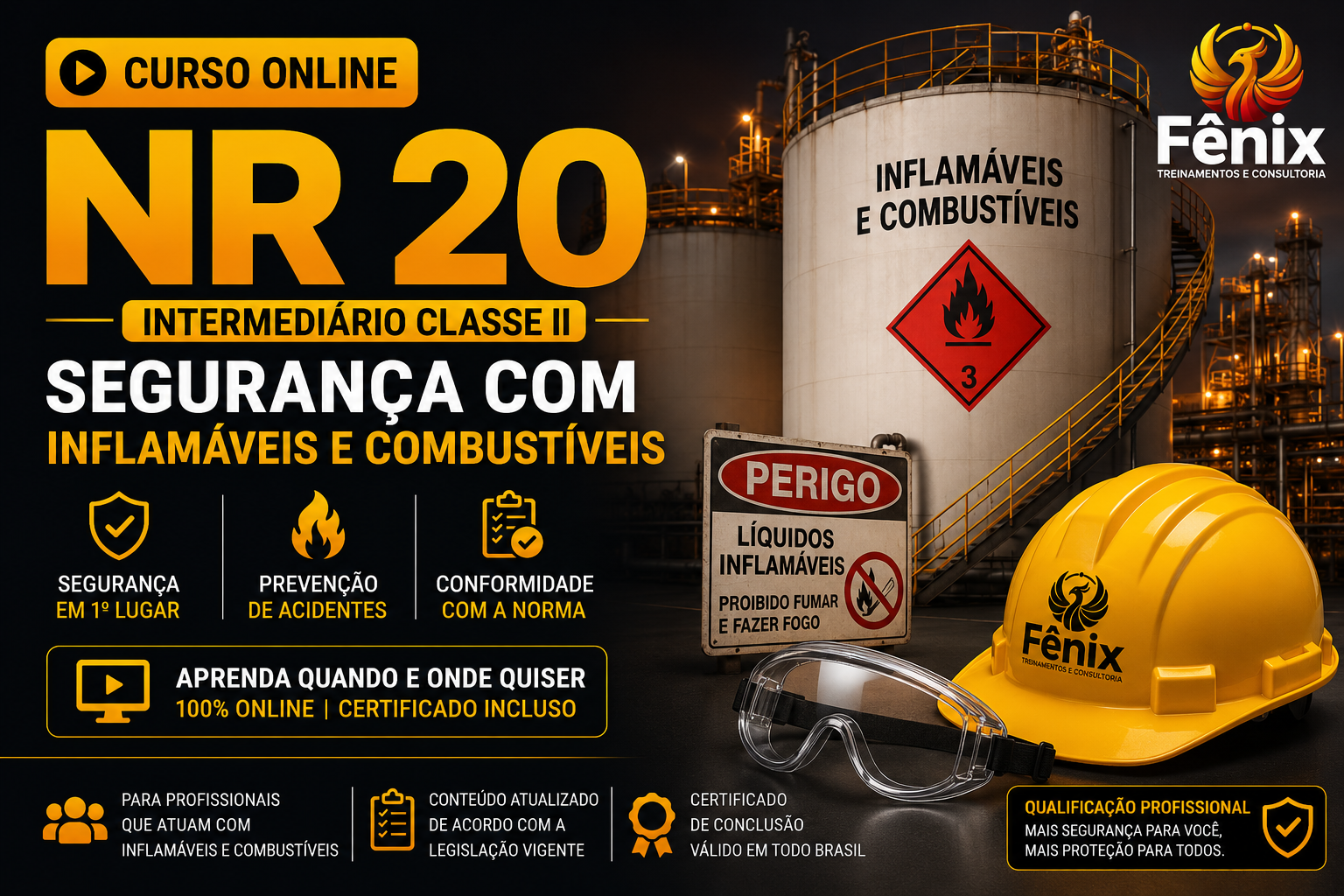 An advertisement for an online course on handling flammable and combustible liquids, featuring industrial tanks and safety gear such as helmet and goggles, with emphasis on safety, accident prevention, and certification.
