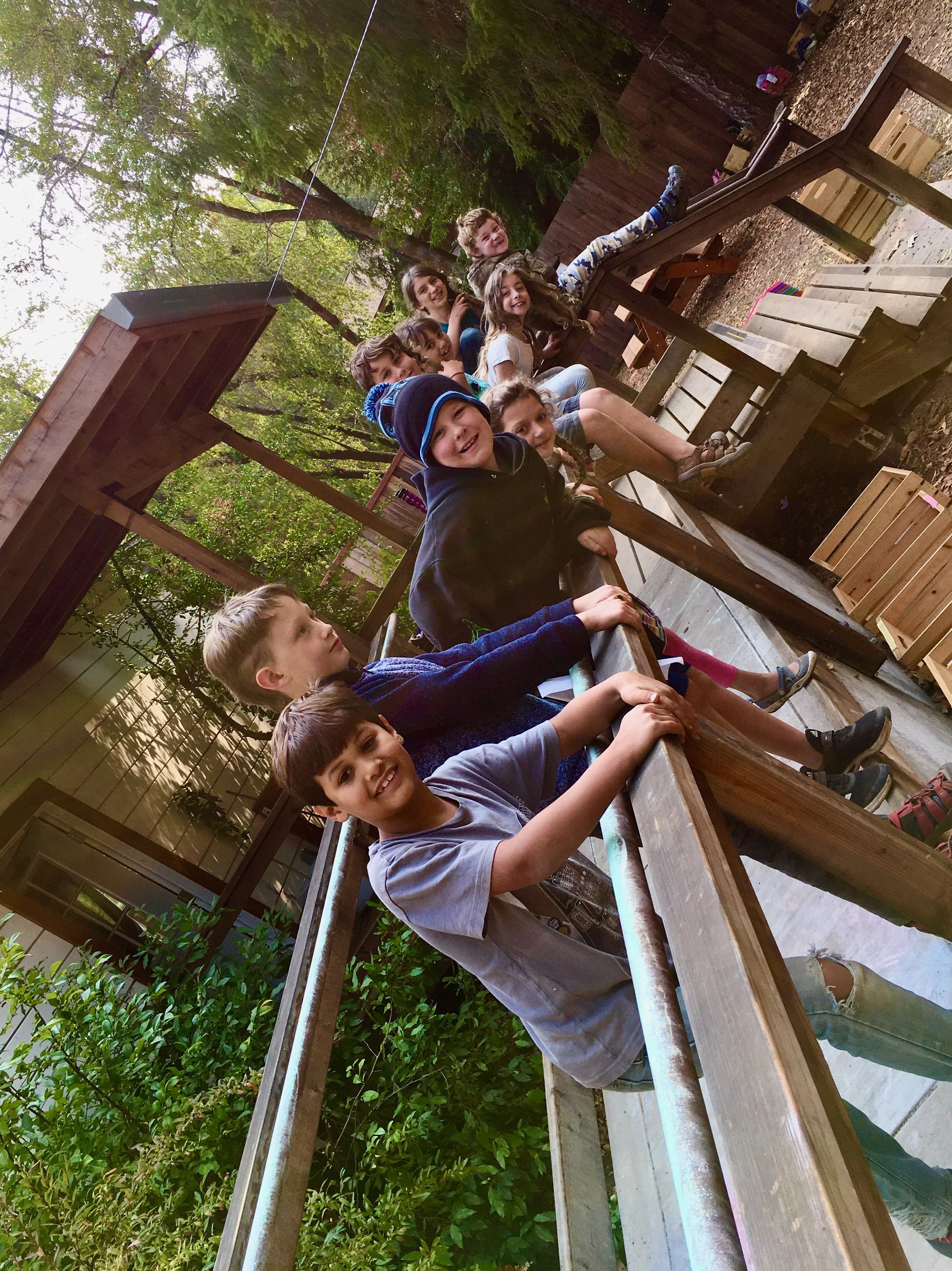 A group of children are sitting and standing on a wooden outdoor playground structure, smiling and looking at the camera, in a backyard setting with trees and a house in the background.