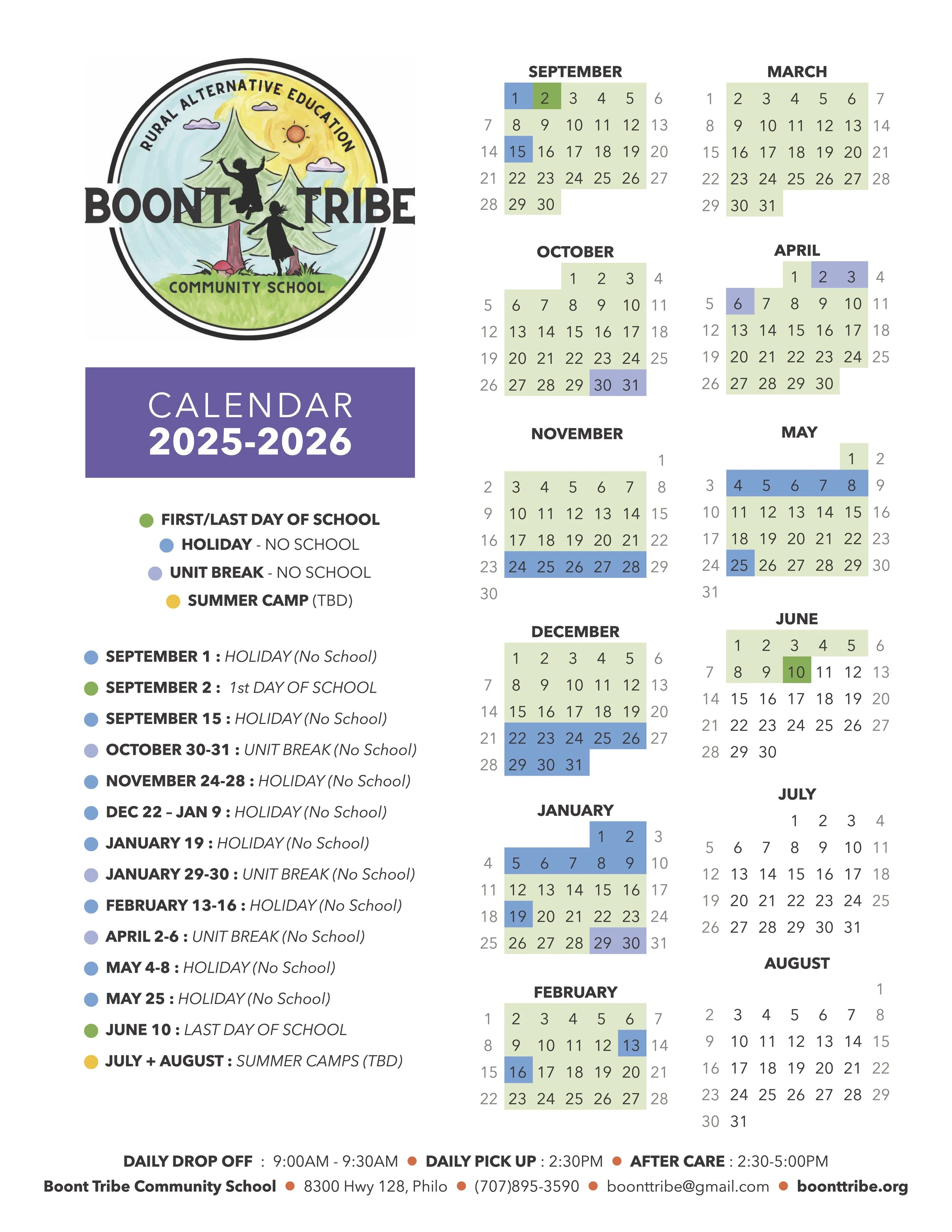 2025-2026 school calendar for Boont Tribe Community School, showing important dates like holidays, unit breaks, and the last day of school, with a colorful logo of a tree and children at the top.