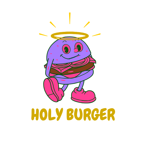 A cartoon burger character with a halo, smiling and wearing pink shoes, with the text 'Holy Burger' underneath.