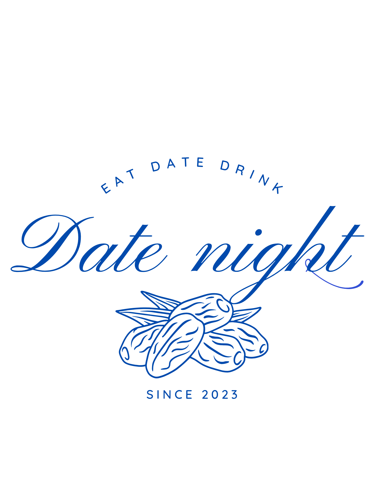 A logo with the text 'Eat Date Drink' arranged in a circular shape above a detailed line drawing of a sprig of dates  The words 'Since 2023' appear below the dates illustration.