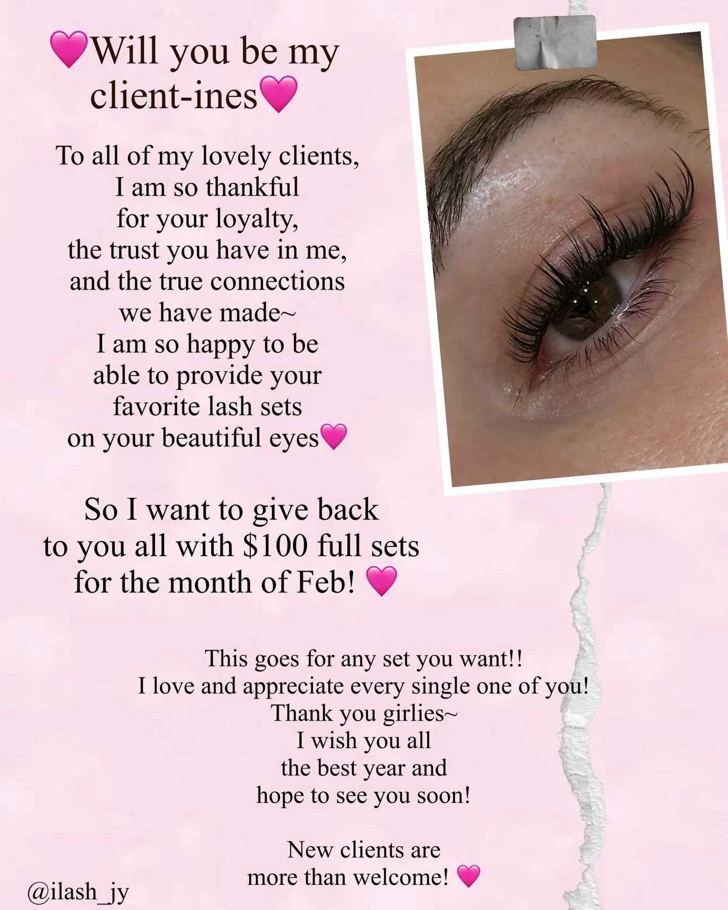 🩷 Happy Galentines 🩷 don&rsquo;t miss your chance for $100 FULL SETS!! ONLY FOR FEB. 2026!! Book your appointment on ilashbyjoyce.com and have your deposits ready~ first come first serve 🩷