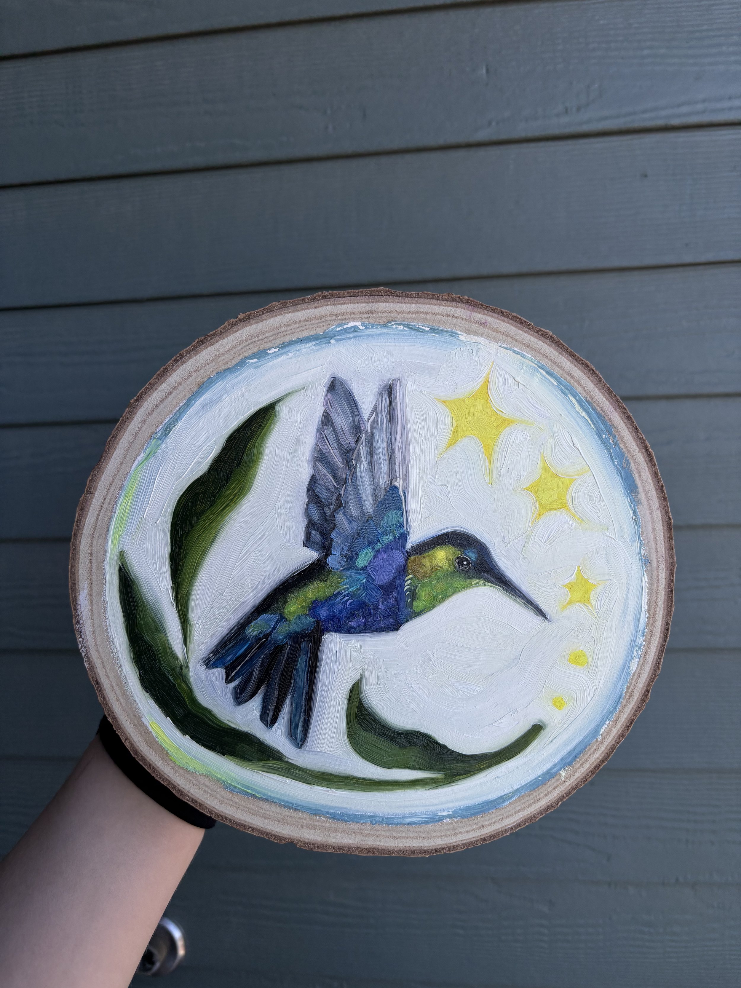 starry hummingbird on wood