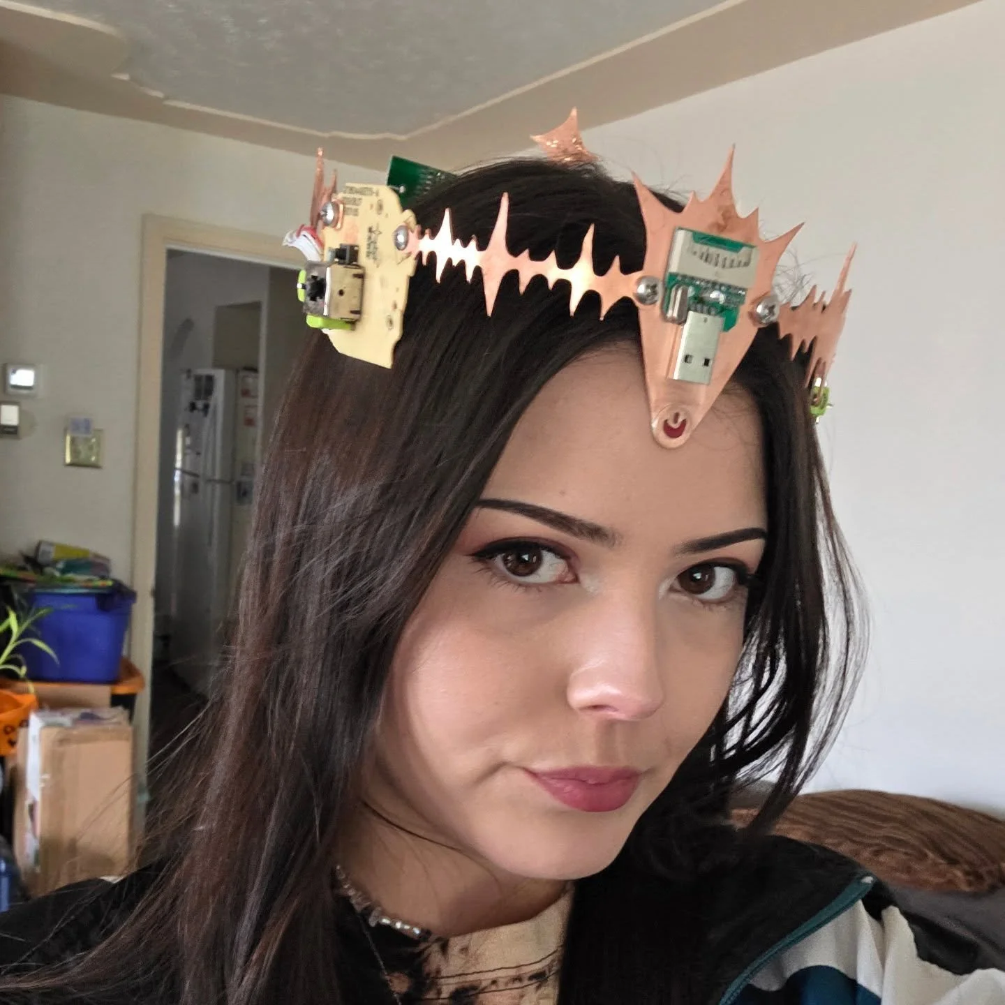 I made this cyber crown wiith copper, old circuit board parts as well as enameled copper! This was so fun to make it sits on your head with screws that protrude, inward from the crown, simulating how we're connected with technology internally and ext