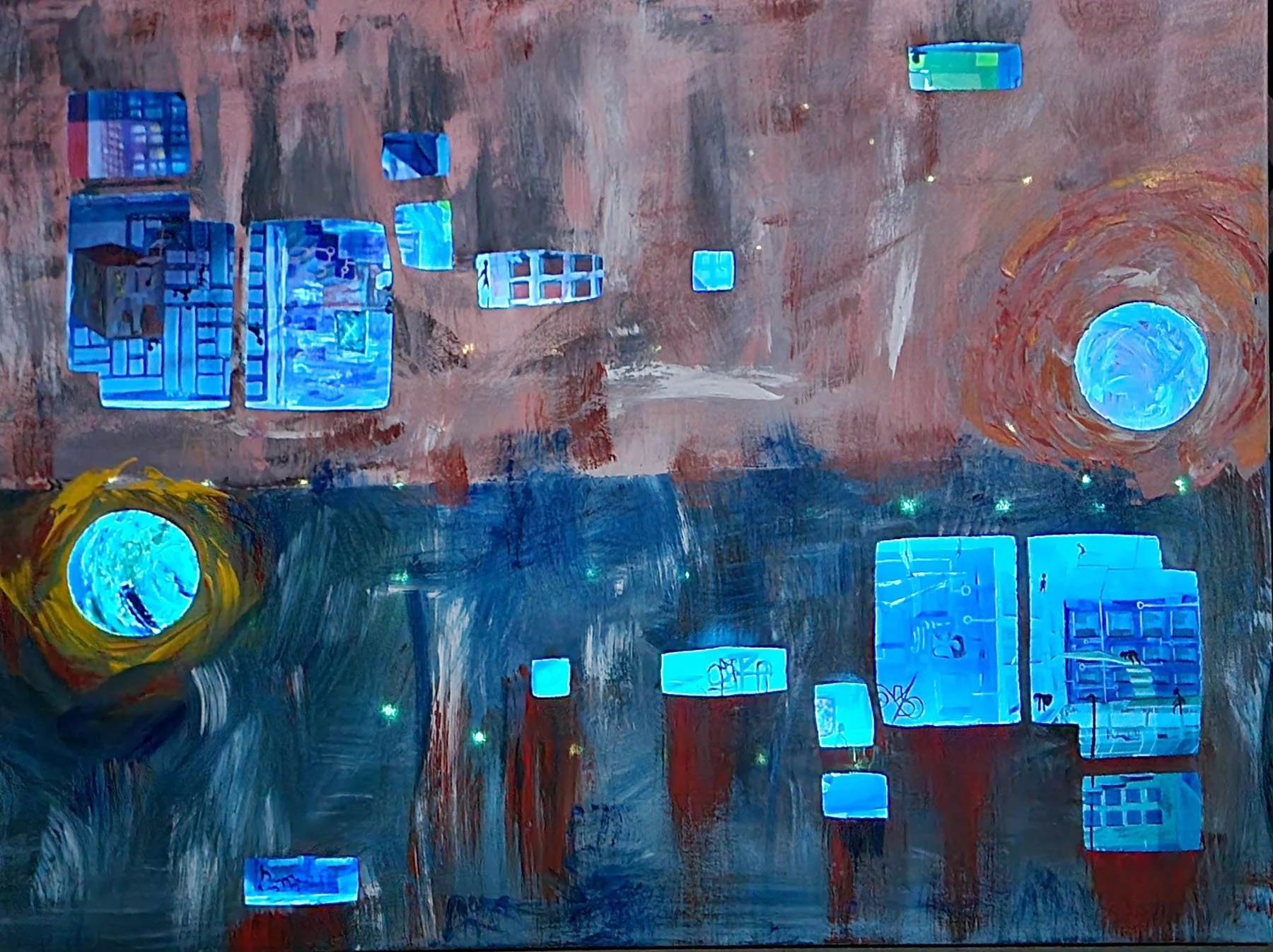 HIdden Citties, Acrylic paint, lights (this painting is battery-powered), 30 in H x 40 in W, 2023