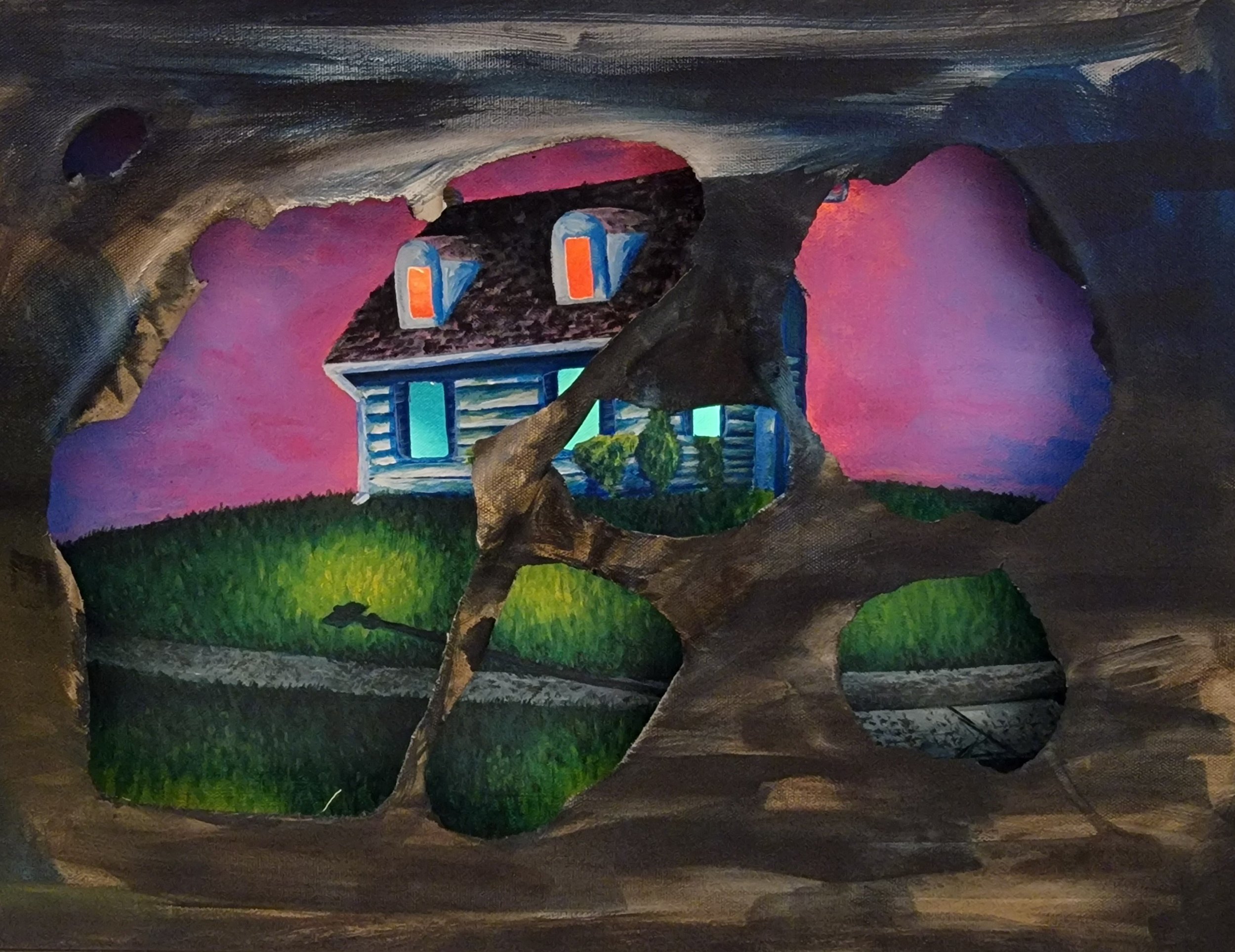 A Place Called Home, Canvas, Acrylic Paint, LED lights Size:  20in x 16in x 2.5in, 2023