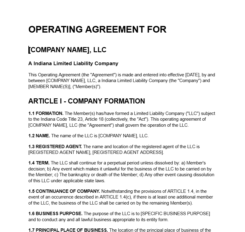 Operating Agreement Template(Manager Managed)