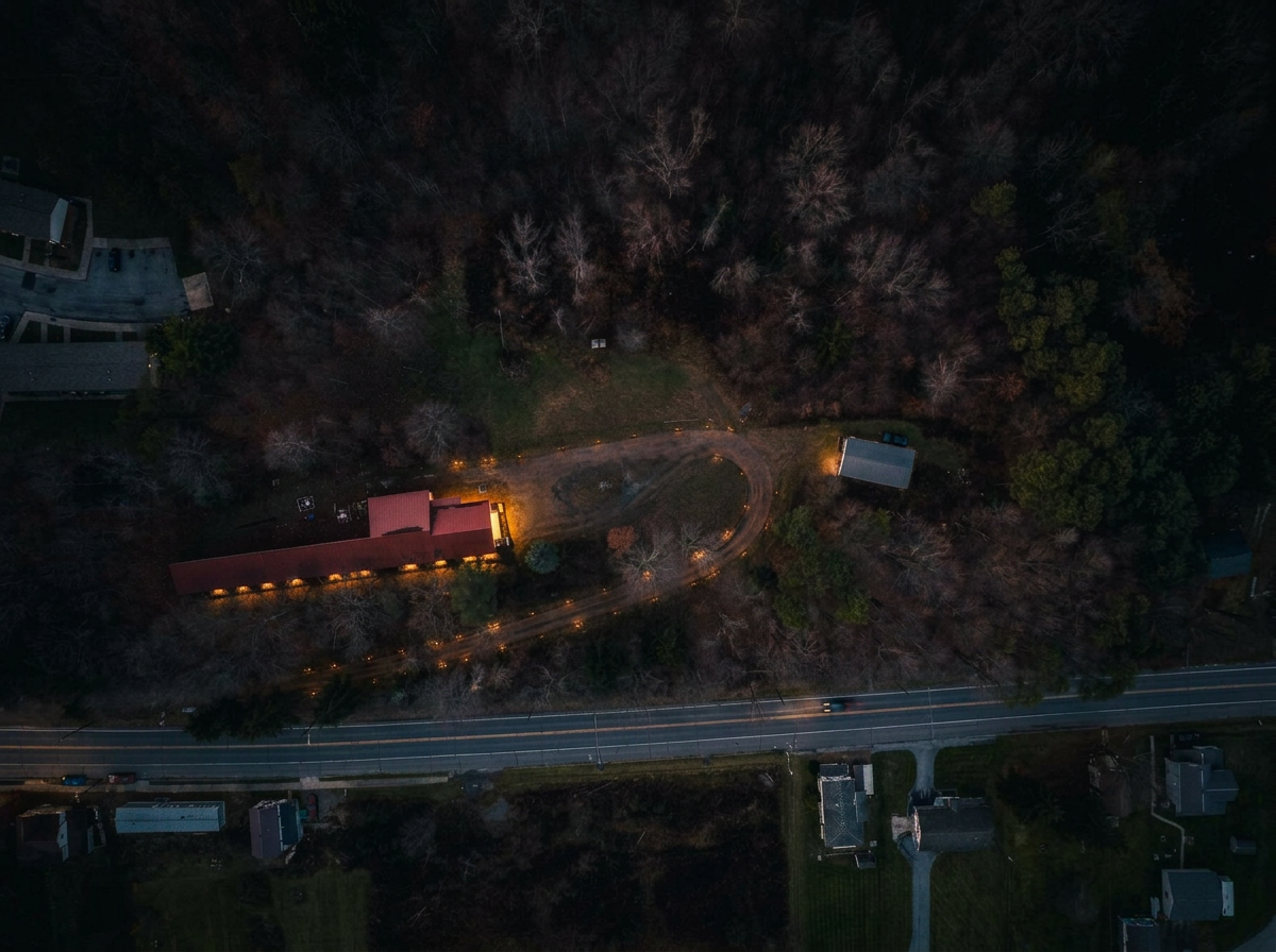 Aerial nighttime view of a wooded area with a winding driveway leading to a house with a red roof and lit outdoor lights. A road runs along the bottom of the image, with a car visible on it.
