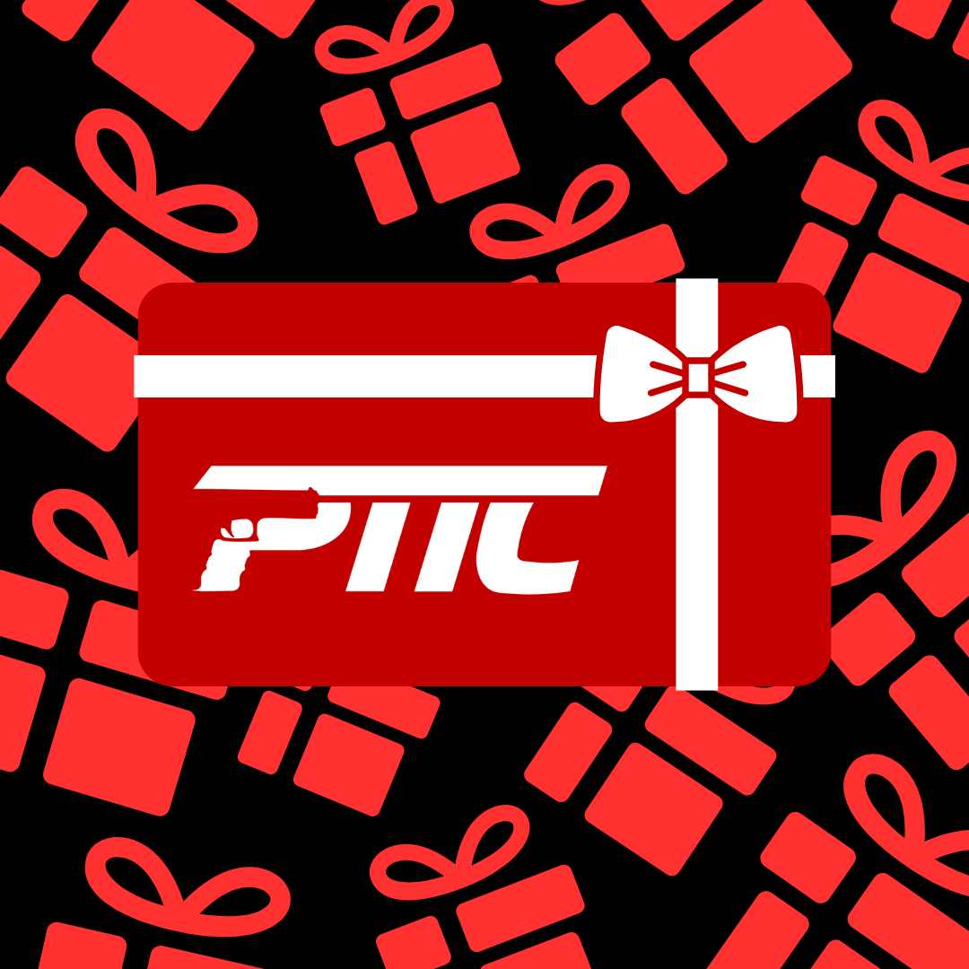 A red gift card with a white bow and a gun symbol with the text 'PTC' in front of a background filled with red gift boxes and bows on a black surface.