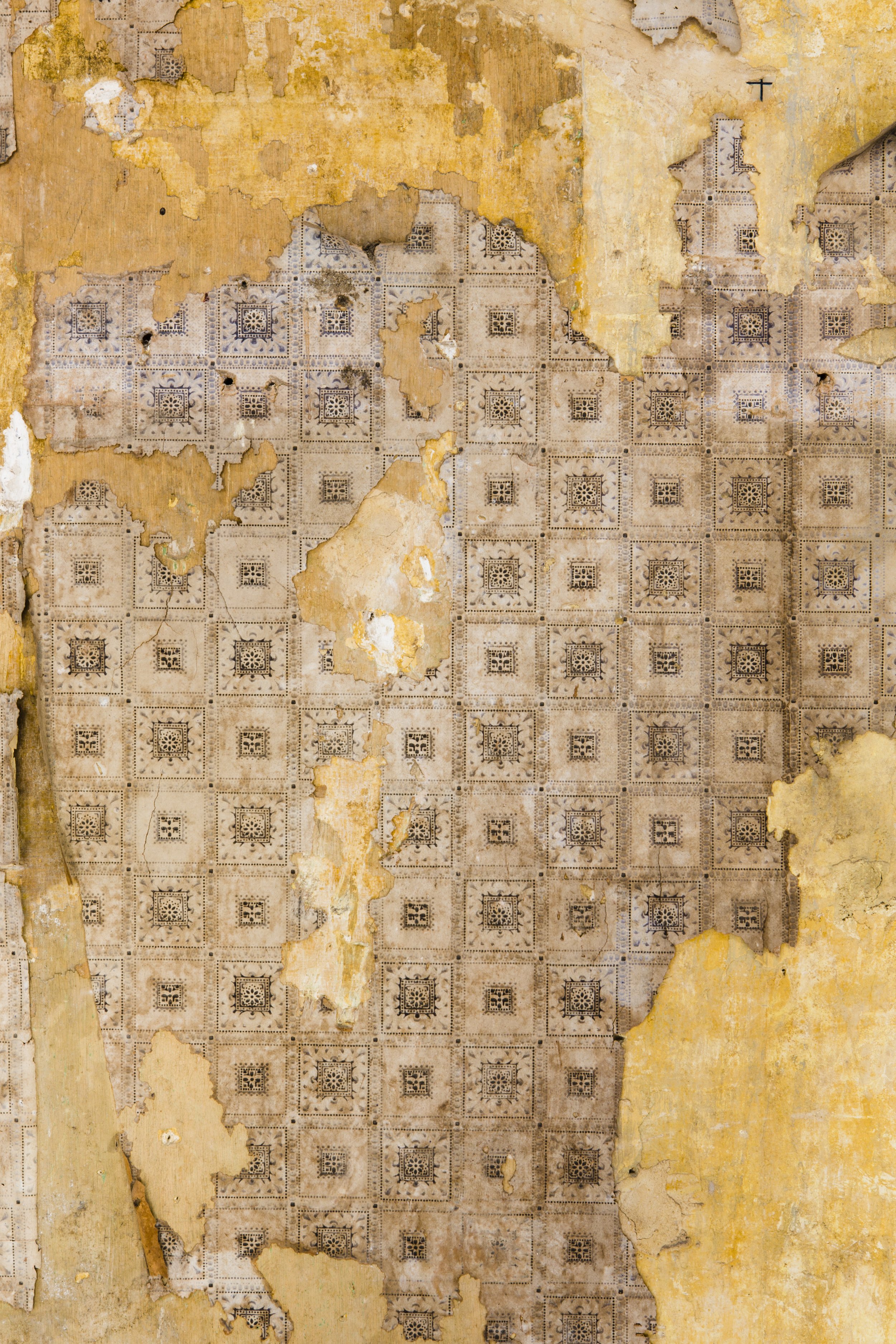 Peeling old wallpaper on a yellow wall with a faded geometric pattern in a grid. Seignouret Brulatour House. Historic New Orleans Collection (HNOC) restoration. 
