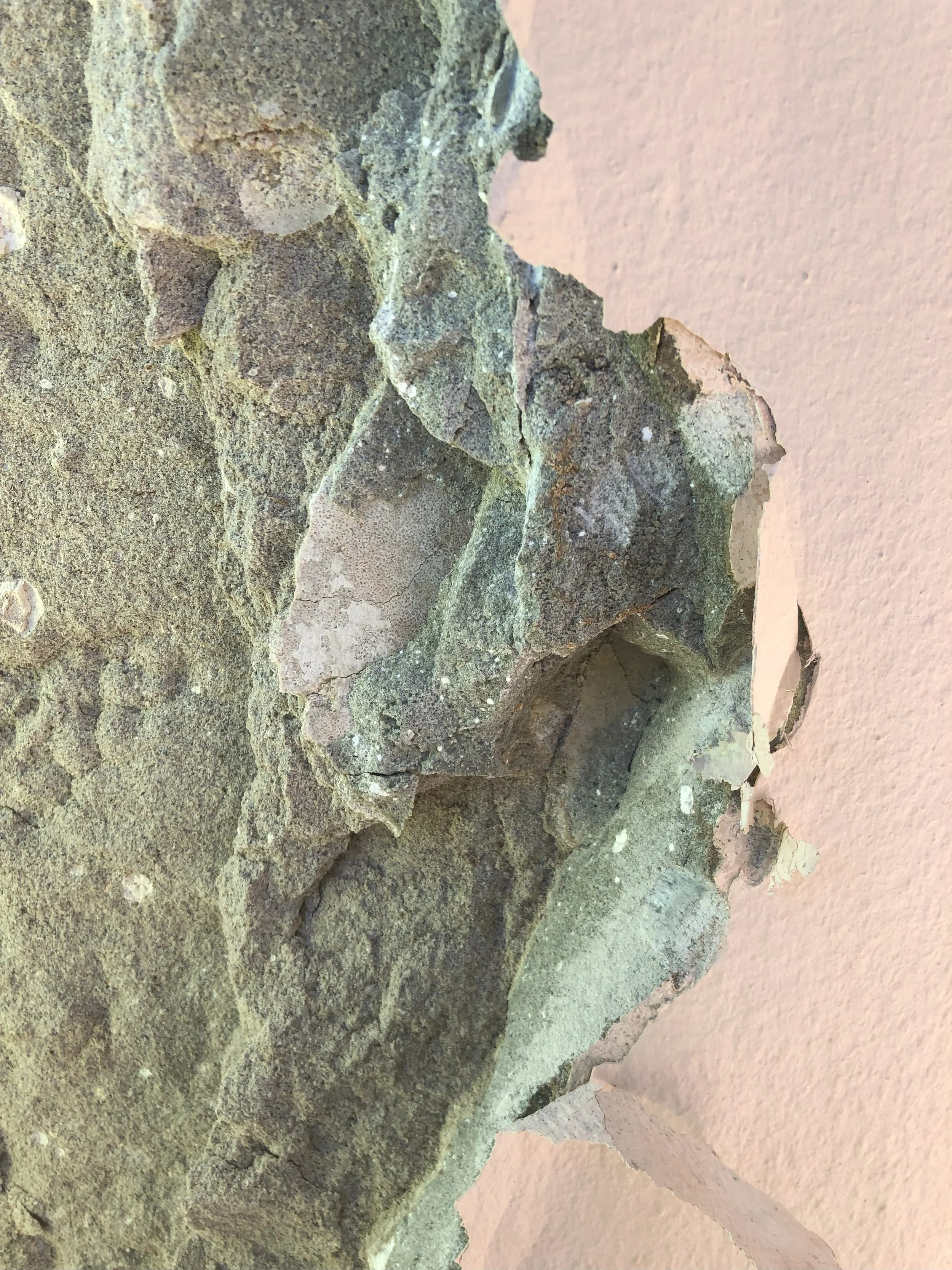 Close-up view of a damaged wall with peeling paint and rough, textured surface.
