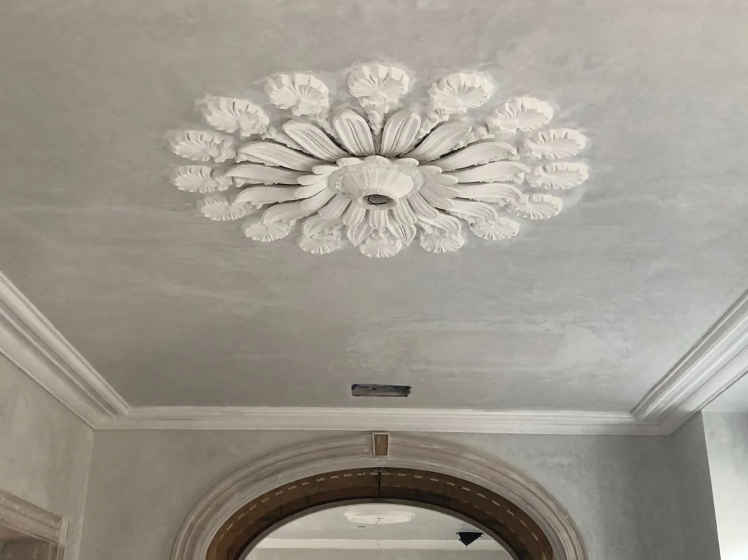 Ceiling decorative plaster molding in a floral design, surrounded by crown molding, over an arched doorway. Interior decorative plaster in New Orleans. French Quarter home with interior plaster. Decorative plaster medallion