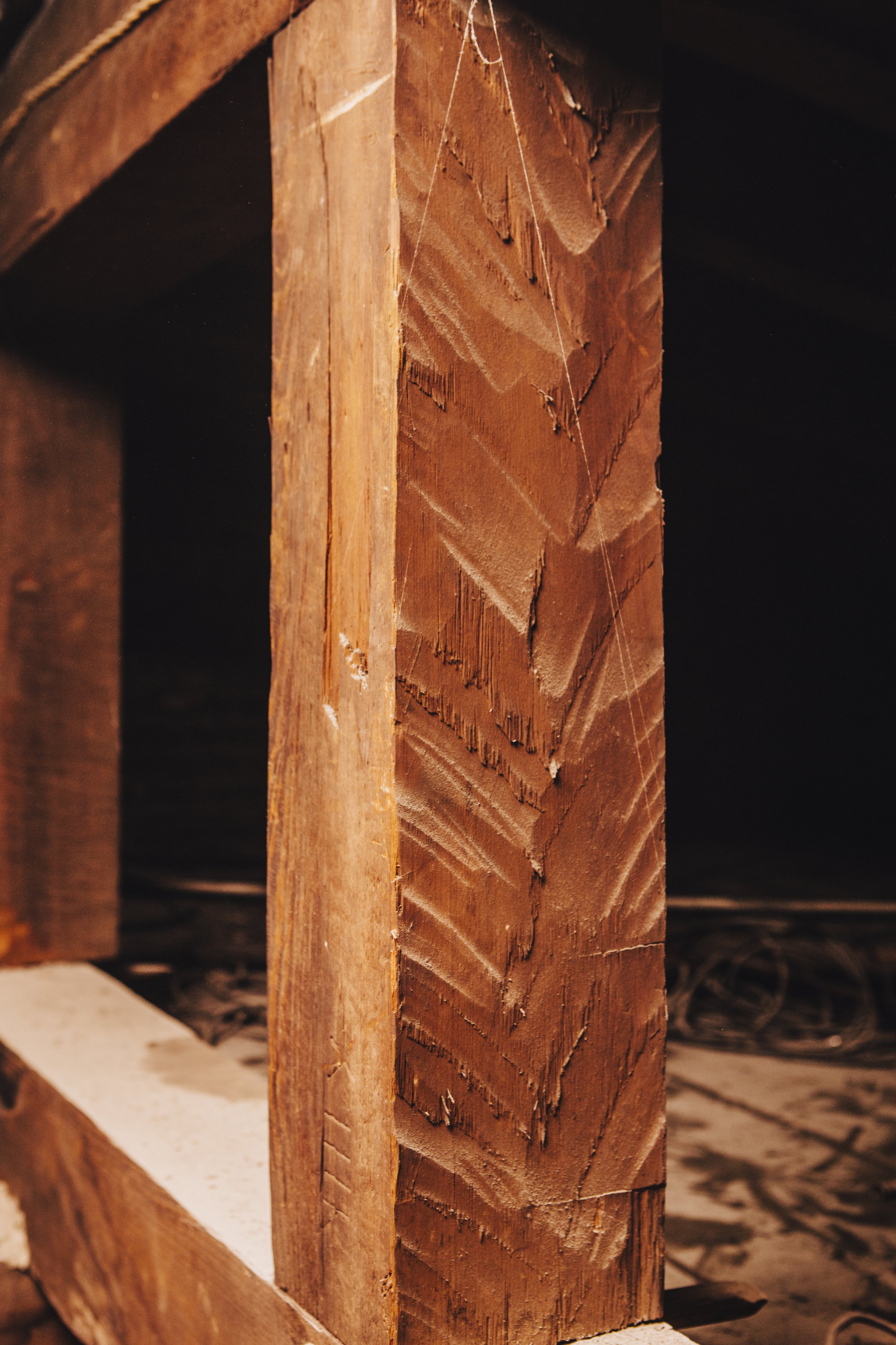 Close-up of a wooden plank with diagonal cuts and a small spider web.