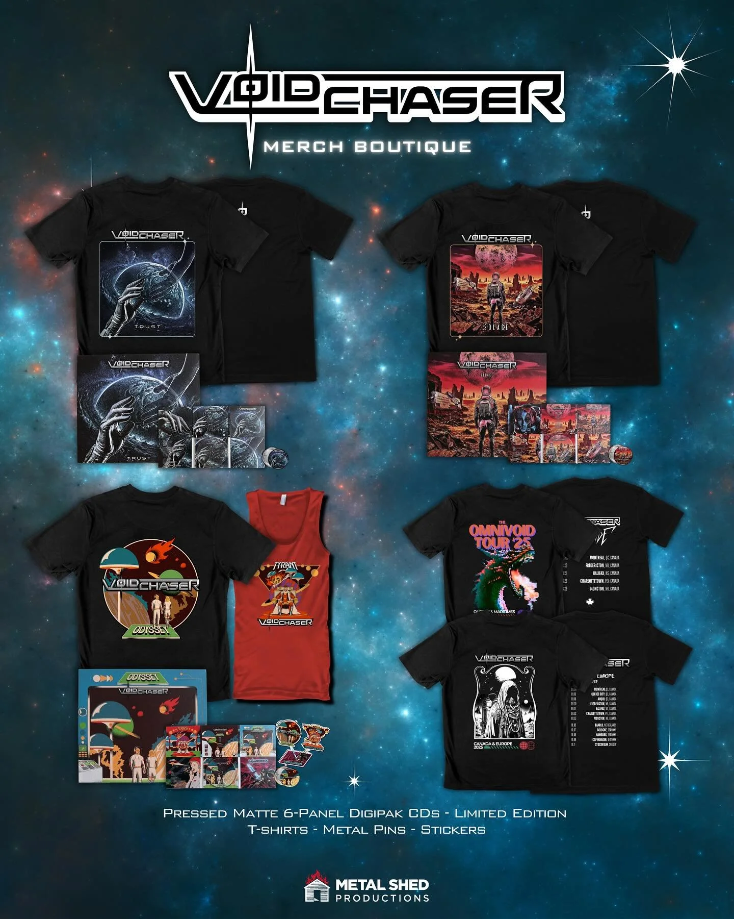 ⚡️ New Merch Alert!

We&rsquo;ve just added new items to our Bandcamp store &mdash; exclusive CDs, shirts, and more. Perfect for anyone who wants to support us and rep Voidchaser everywhere! Order online now or grab yours at one of our upcoming shows