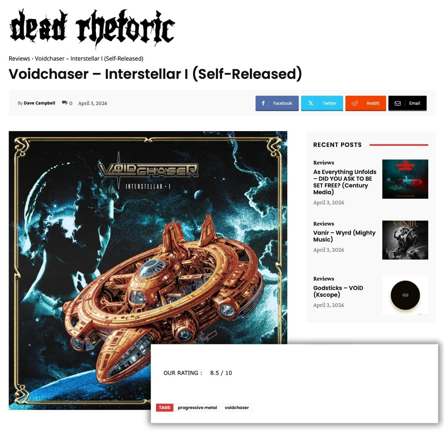 ⭐️ 8.5/10! It&rsquo;s release week, INTERSTELLAR I is out this thursday and we just received our first review from Dead Rhetoric. 🖤

👉 Check the full review here: deadrhetoric.com/reviews/voidchaser-interstellar-i-self-released