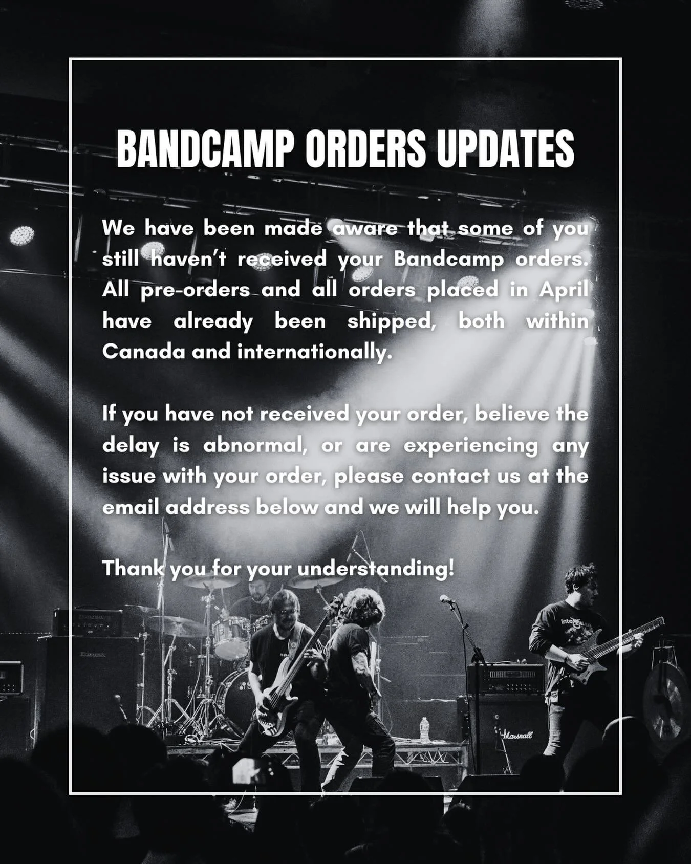 📦 Bandcamp orders updates.

If you&rsquo;re experiencing any issue with your order, please contact:
👉 jici@chaoticgoodmusic.ca

 📸 Ryan Rumpel