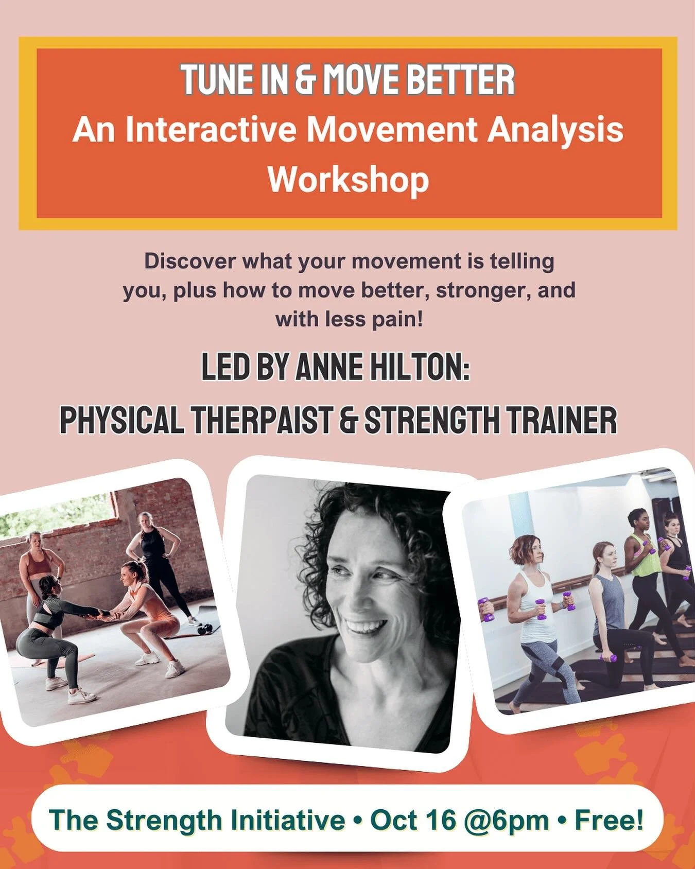 This week Anne Hilton will be hosting Tune In &amp; Move Better here at TSI!

Learn to understand your movements and move stronger, all in one workshop.

🗓️Oct. 16

⏰6 PM

📍The Strength Initiative

💵 Free!

Sign up at strengthcville.org or with th