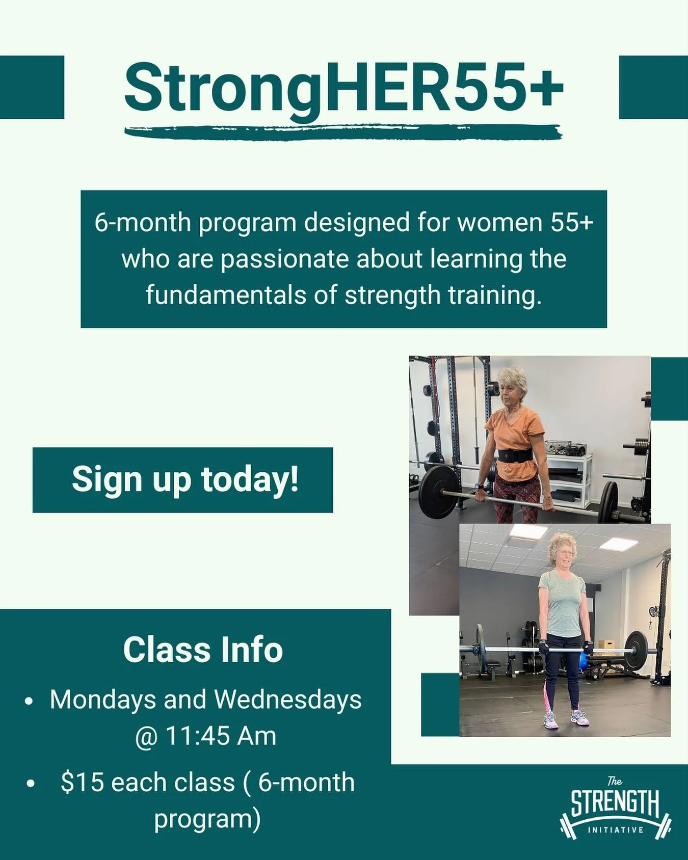 Less than a week until our first StrongHer55+ class! 💪

This 6-month program is built to help women 55+ learn the fundamentals of strength training.

🗓️Mondays and Wednesdays 

⏰11:45 AM

💵 $15 per class

Interested?

Spots are limited (only a few