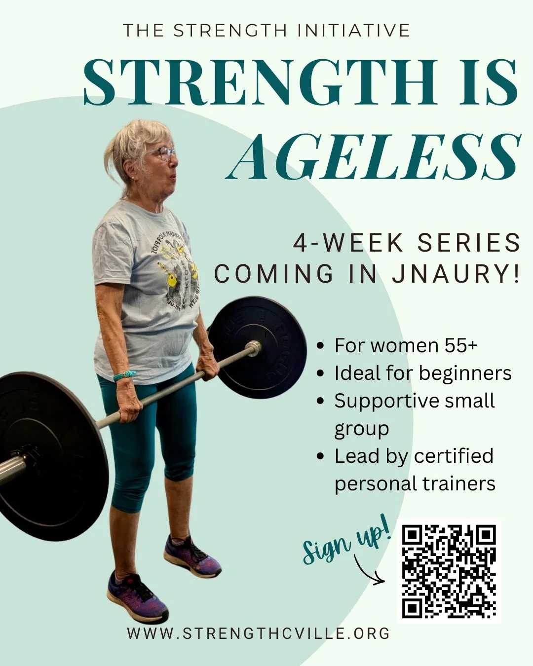 Get ahead of the holidays and treat yourself or a women you care about to the gift os strength! Our next Strength Is Ageless series starts January 13th! 

- 8 sessions of personalized instruction in a supportive small group
- Meets Tuesdays and Thurs