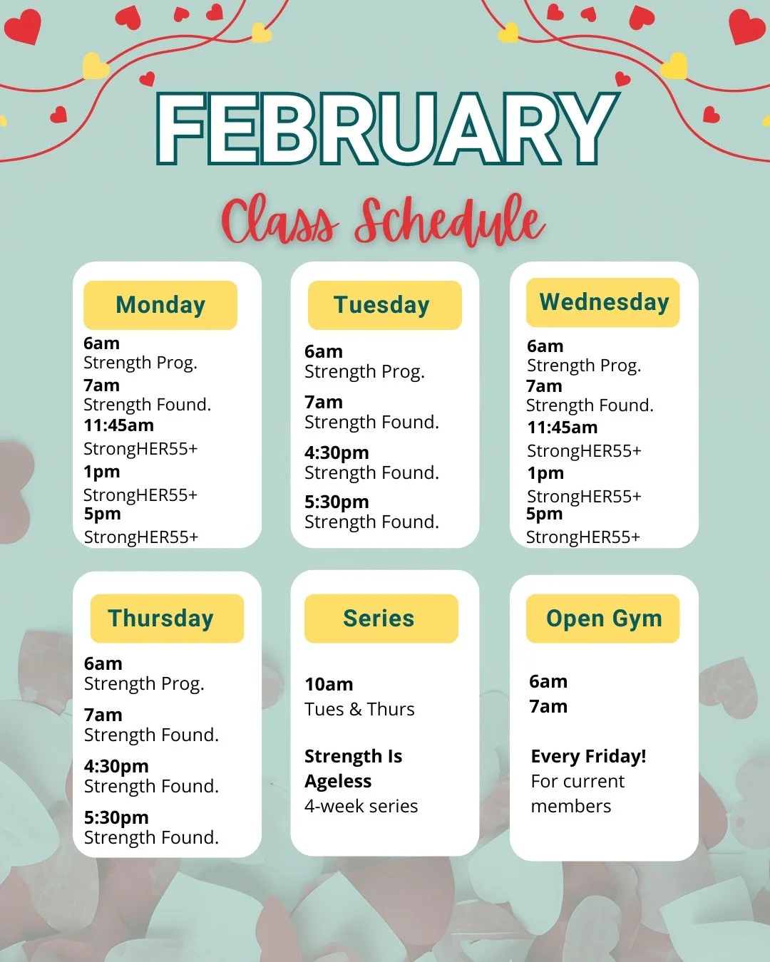 We were so busy adding NEW CLASSES, we're a little late posting the February schedule! More times added so you can fit lifting into your schedule! ✨