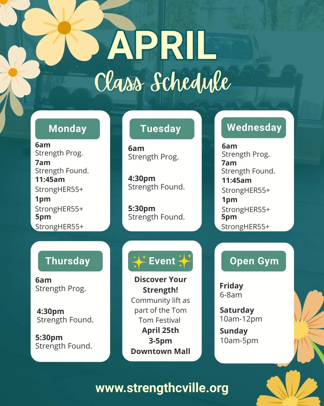 We're looking forward to warmer weather and more strength in April! Plus an exciting event on April 25th...stay tuned! 🤩