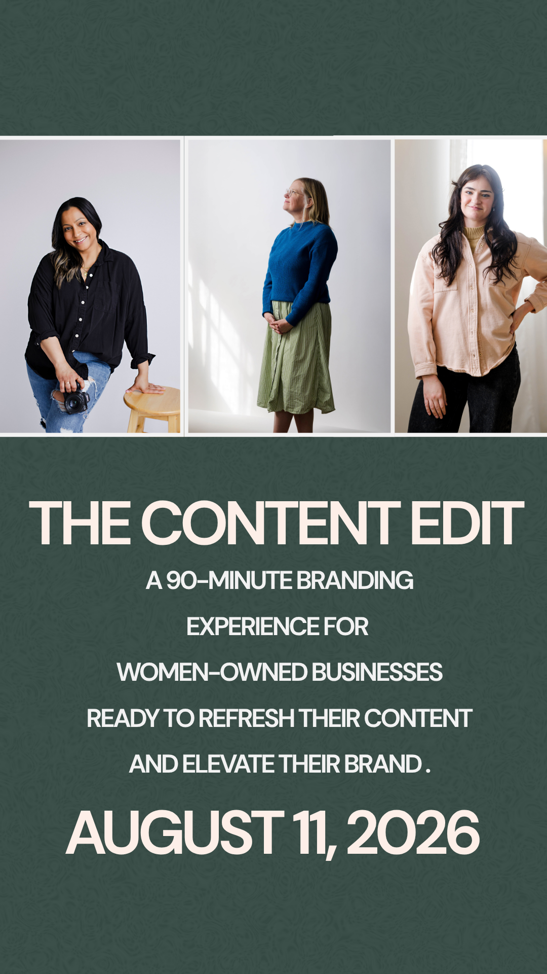 Image with three women, one holding a camera and two standing confidently, promoting a branding experience for women-owned businesses scheduled for August 11, 2026.