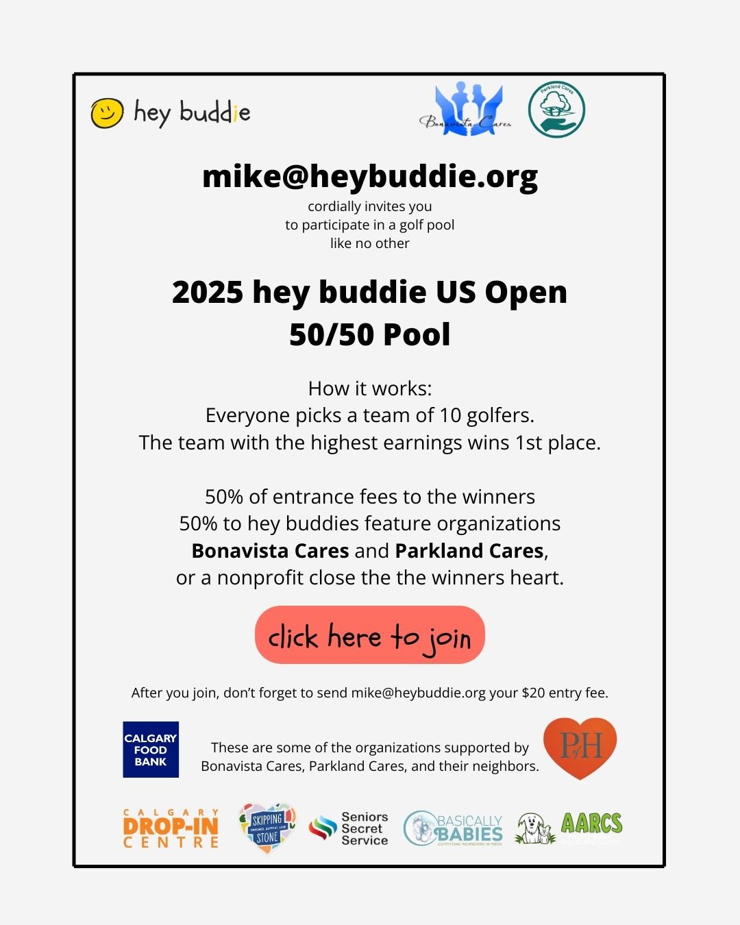 IIIIIIIIIT'S TIIIIIIIIMMMME!
Join hey buddies 50/50 US Open pool. You could win some cash. You'll definitely be helping a great cause.
Like. Share. Comment. Click the link in the bio to join.
#heybuddie #bonavistacares #parklandcares #goodvibes #r