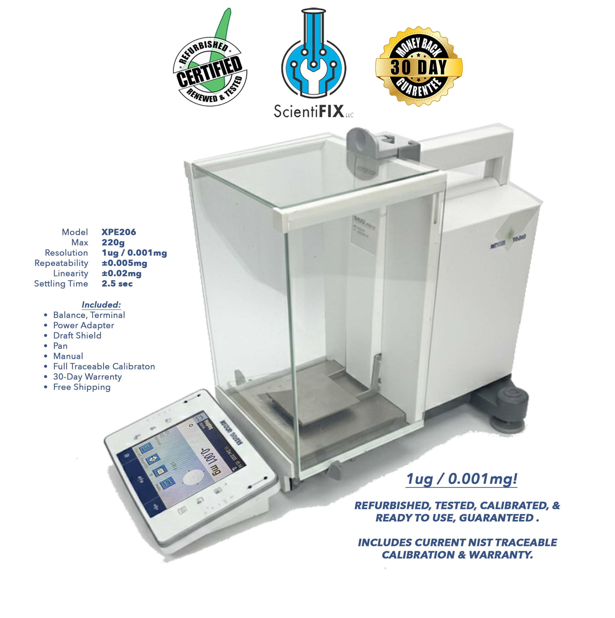 Mettler Toledo XPE206 Analytical Balance, 220g 0.001mg / 1ug