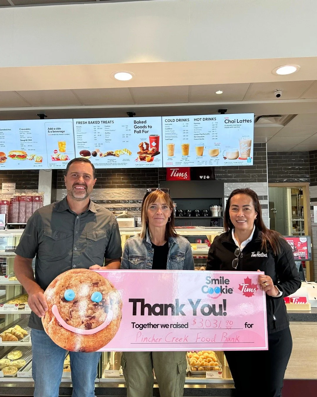 💙 We cannot thank you enough! 🍪
 
We are so grateful to have community partners like Pincher Creek Tim Hortons. Over $3,000 was raised for The Pincher Creek &amp; District Community Food Centre from the spring Smile Cookie Campaign!
 
Every cookie 