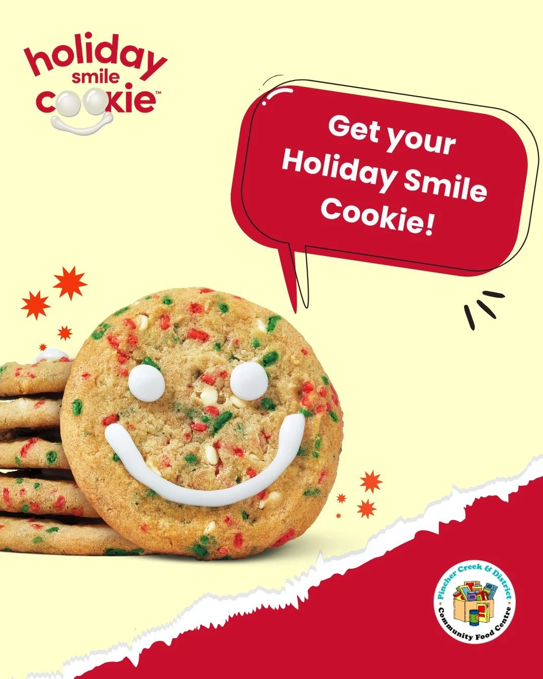 The Holiday Smile Cookie Campaign is back at the Pincher Creek @timhortons! 

The funds from every Smile Cookie you buy from Nov 17 - 23 directly support The Pincher Creek Food Centre, providing much-needed help to families in our community.
 
Get a 