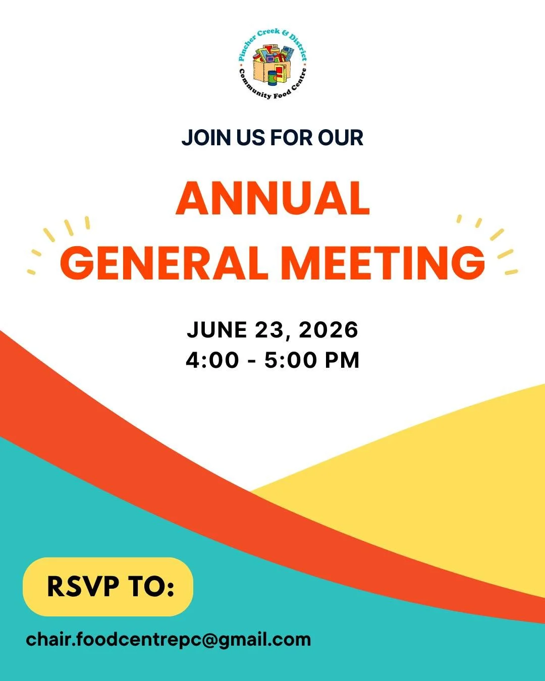 🚨 Our AGM is less than two weeks away!

Please join us on Tuesday, June 23, from 4:00 to 5:00 p.m. for the Pincher Creek &amp; District Community Food Centre Annual General Meeting.

🔔 NEW! All are welcome to stay after the meeting for a tour of th