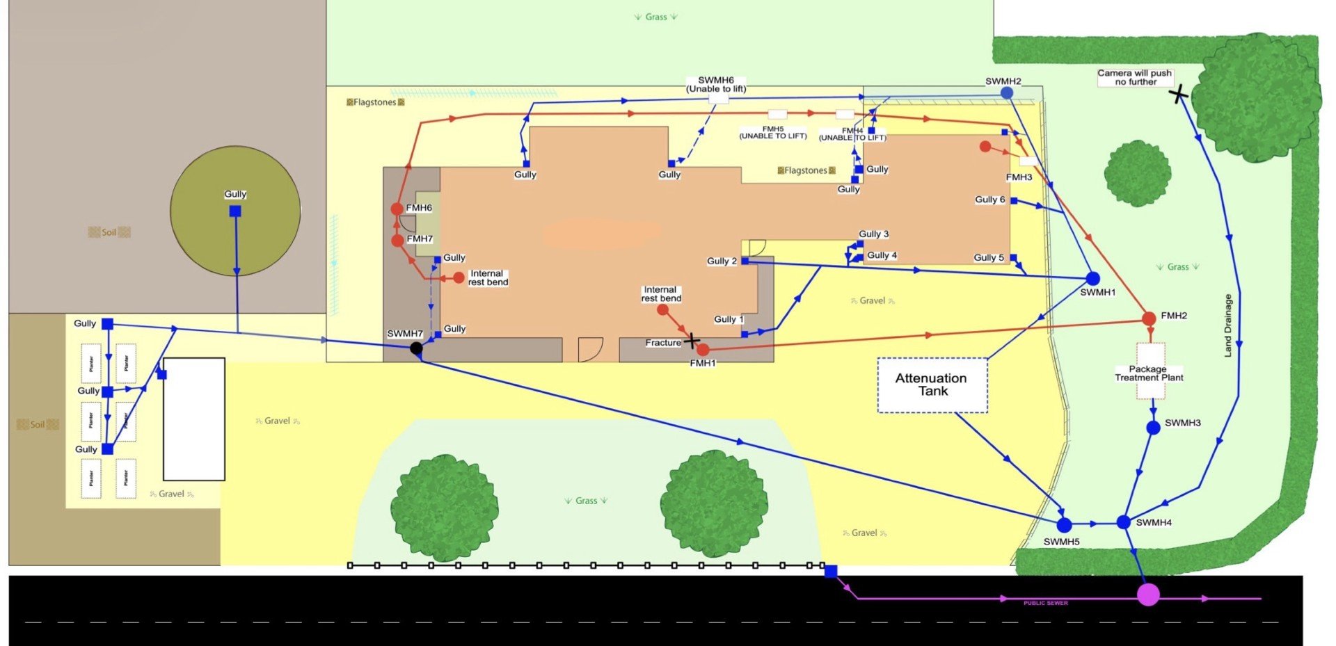 Annotated drainage site map from post-build CCTV drain survey at residential property in Mobberley, Cheshire