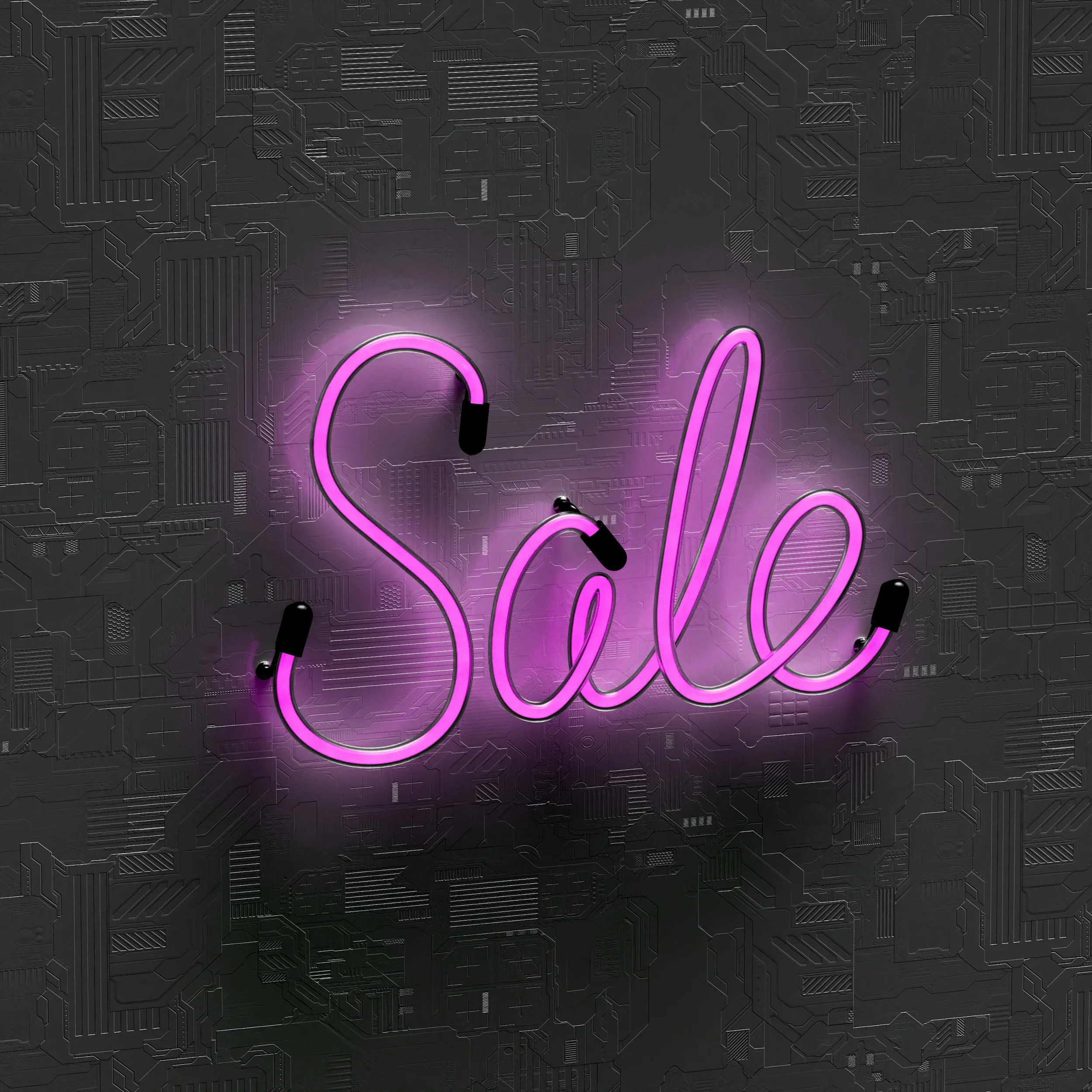 Pink neon sign spelling 'Sale' against a dark, circuit-like background.
